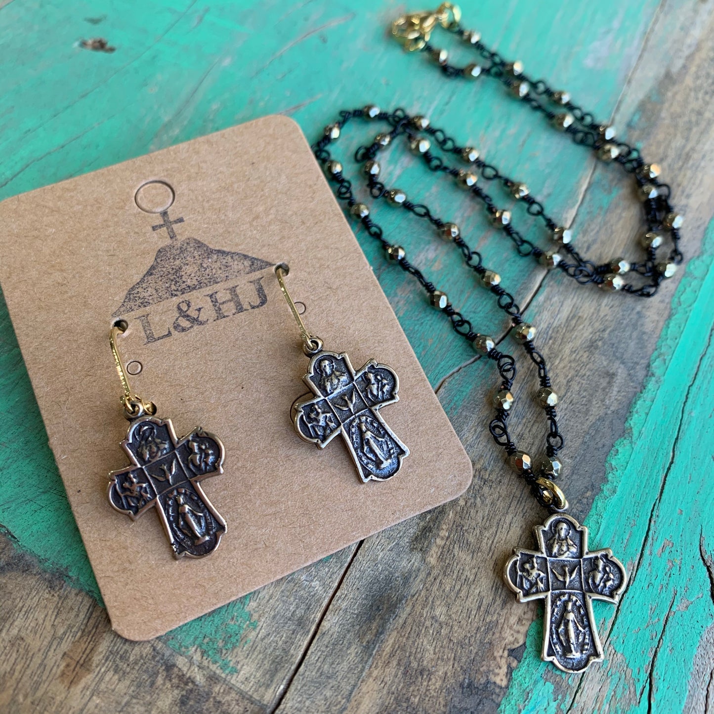 Black and Gold 5 Way Cross Necklace and Earrings