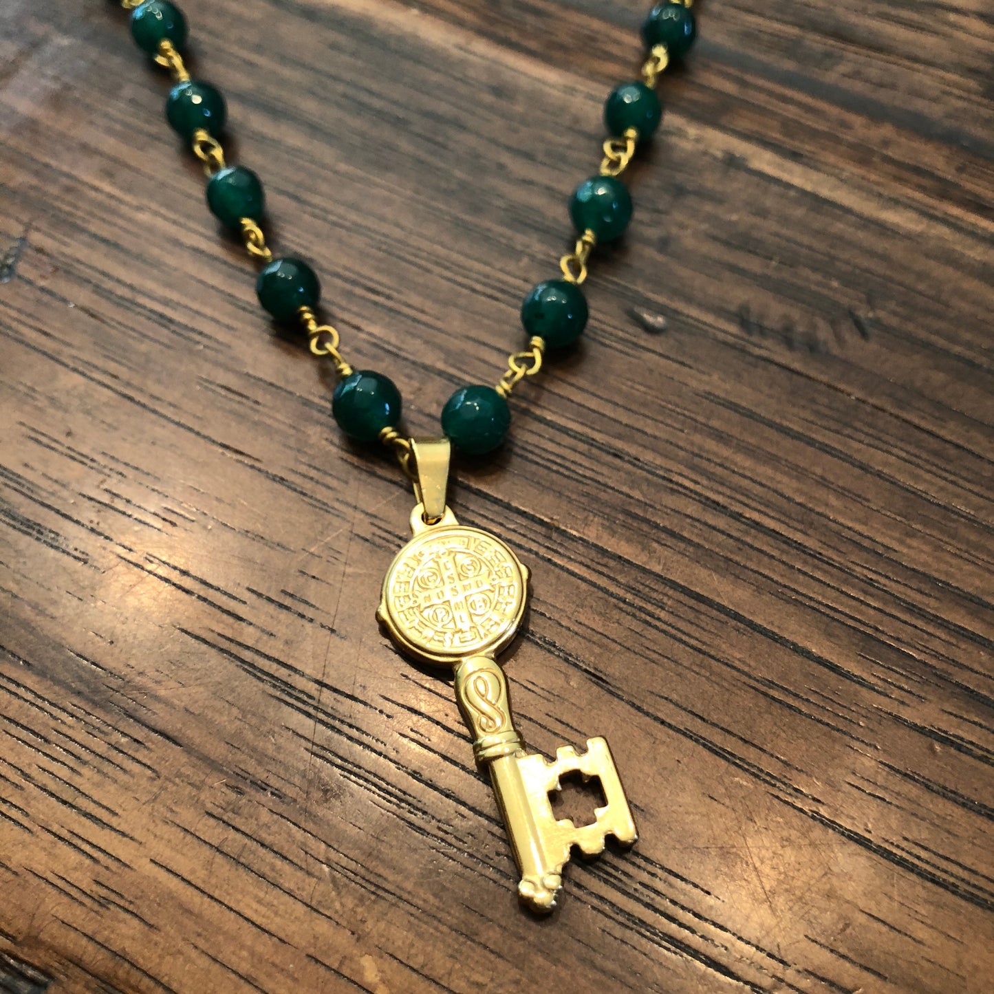 Green Agate St Benedict Key to Heaven Necklace