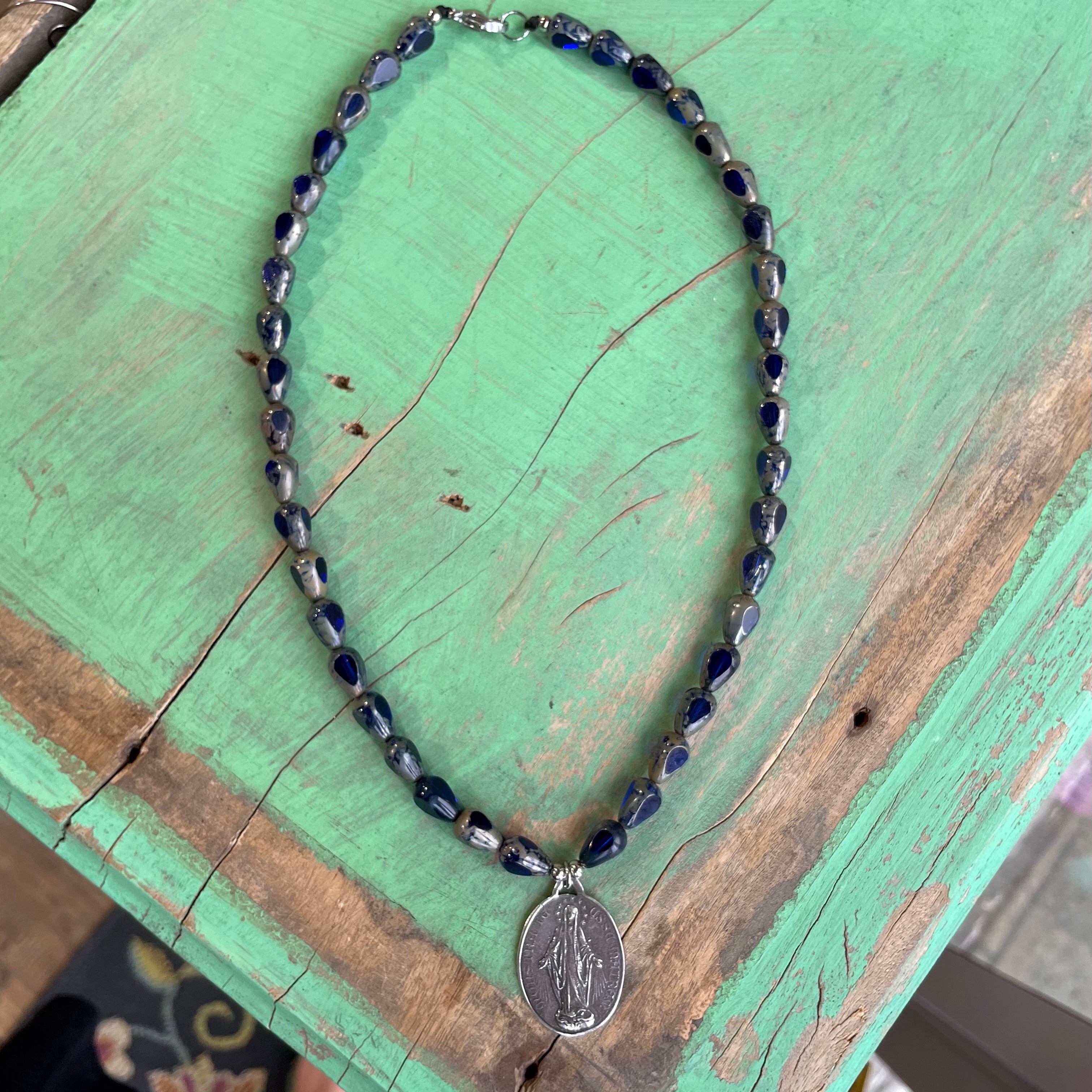 Blue Czech Glass Miraculous Medal Necklace, Earrings, and Bracelet