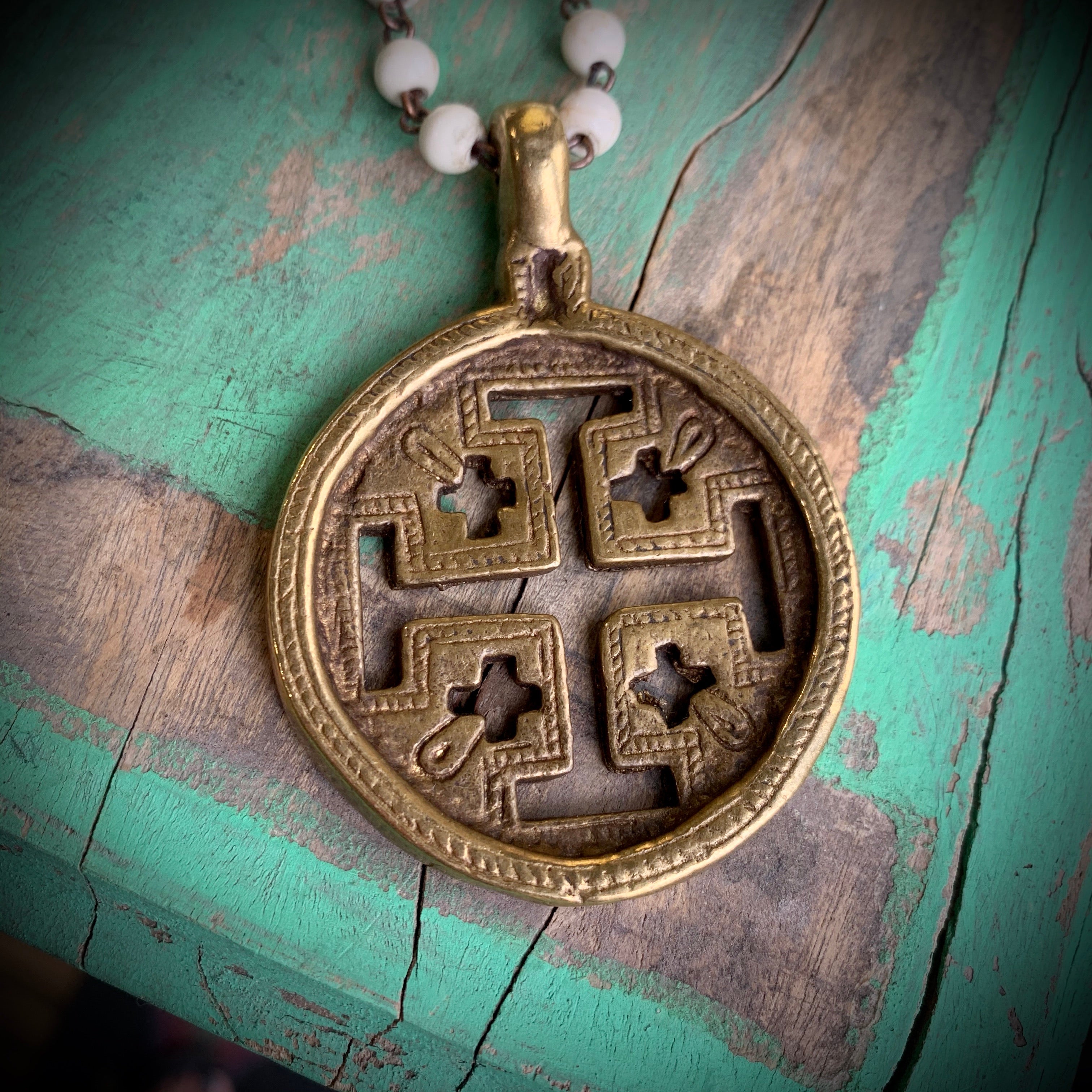Big Brass Medals on Howlite Beaded Chain