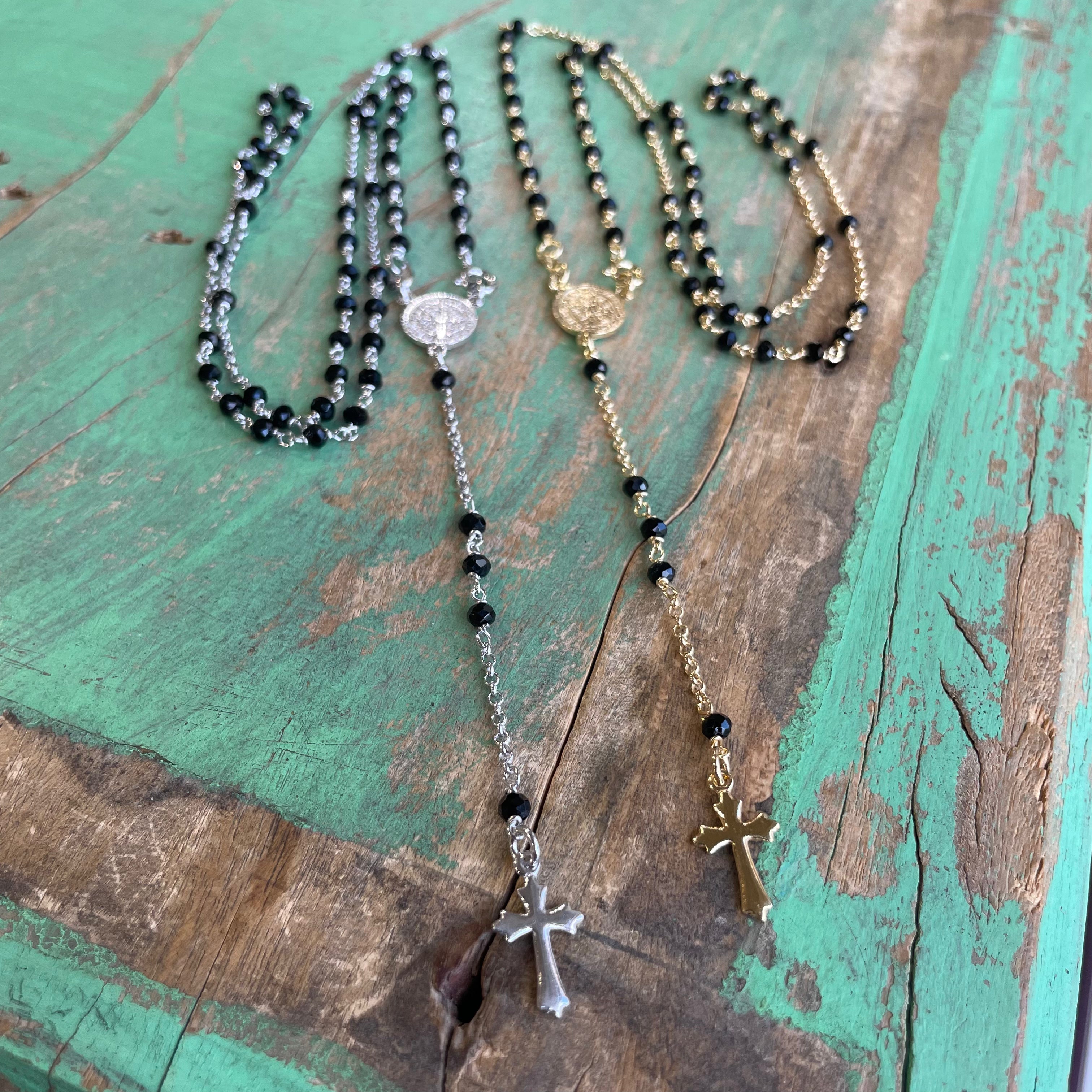 Sterling Silver Black Crystal St Benedict Rosary Necklace