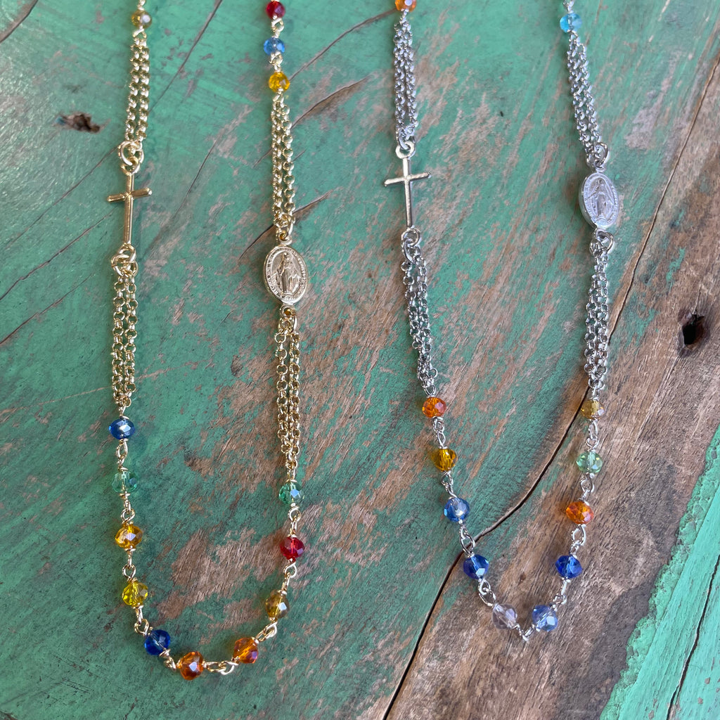 Sterling Silver Multi Color Rosary Inspired Necklace