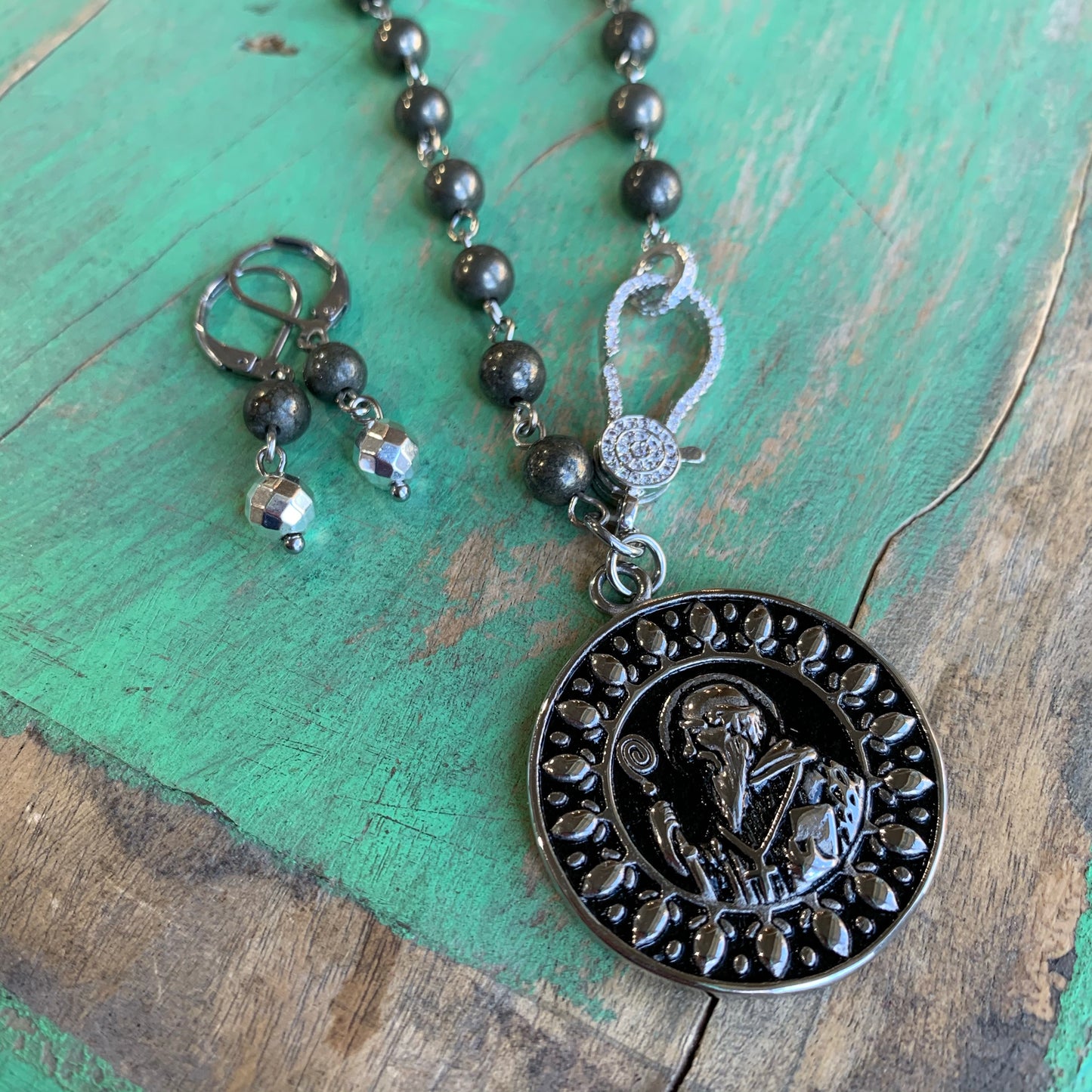 Pyrite St Benedict Clasp Necklace and Earrings