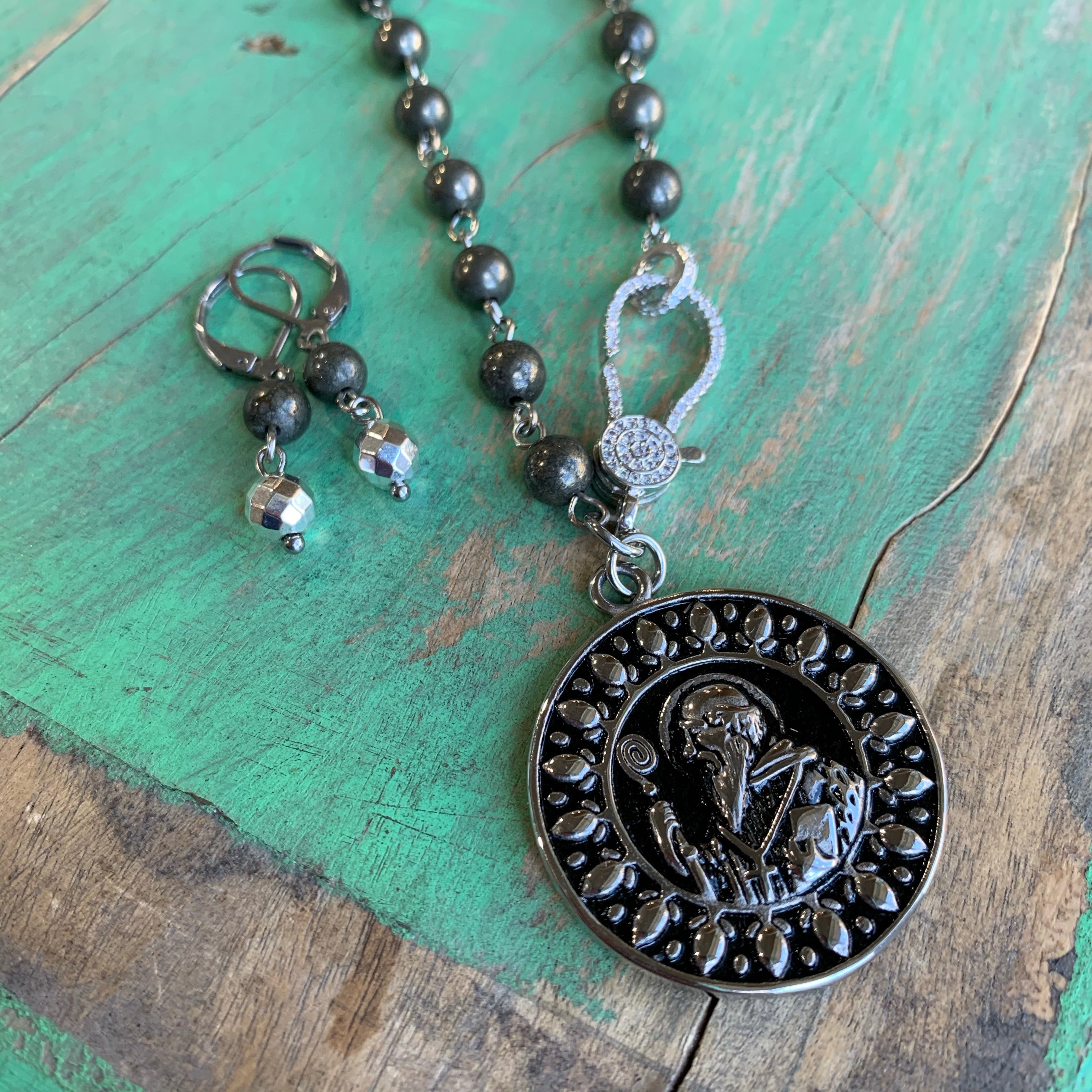 Pyrite St Benedict Clasp Necklace and Earrings