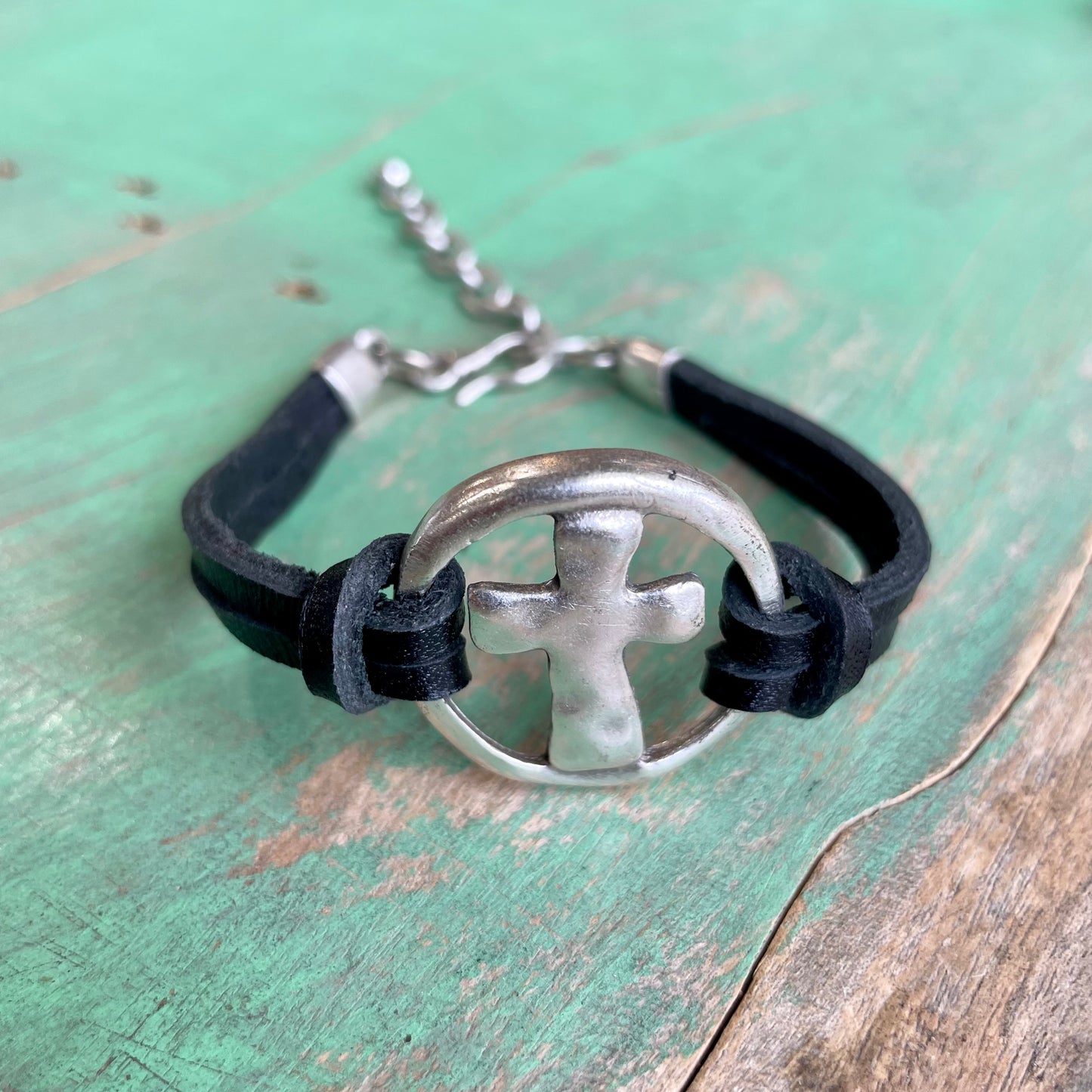 Circle with Cross Leather Bracelet and Earrings
