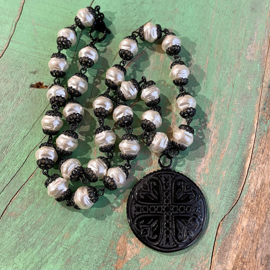 Black Medallion Pearl Necklace and Earrings