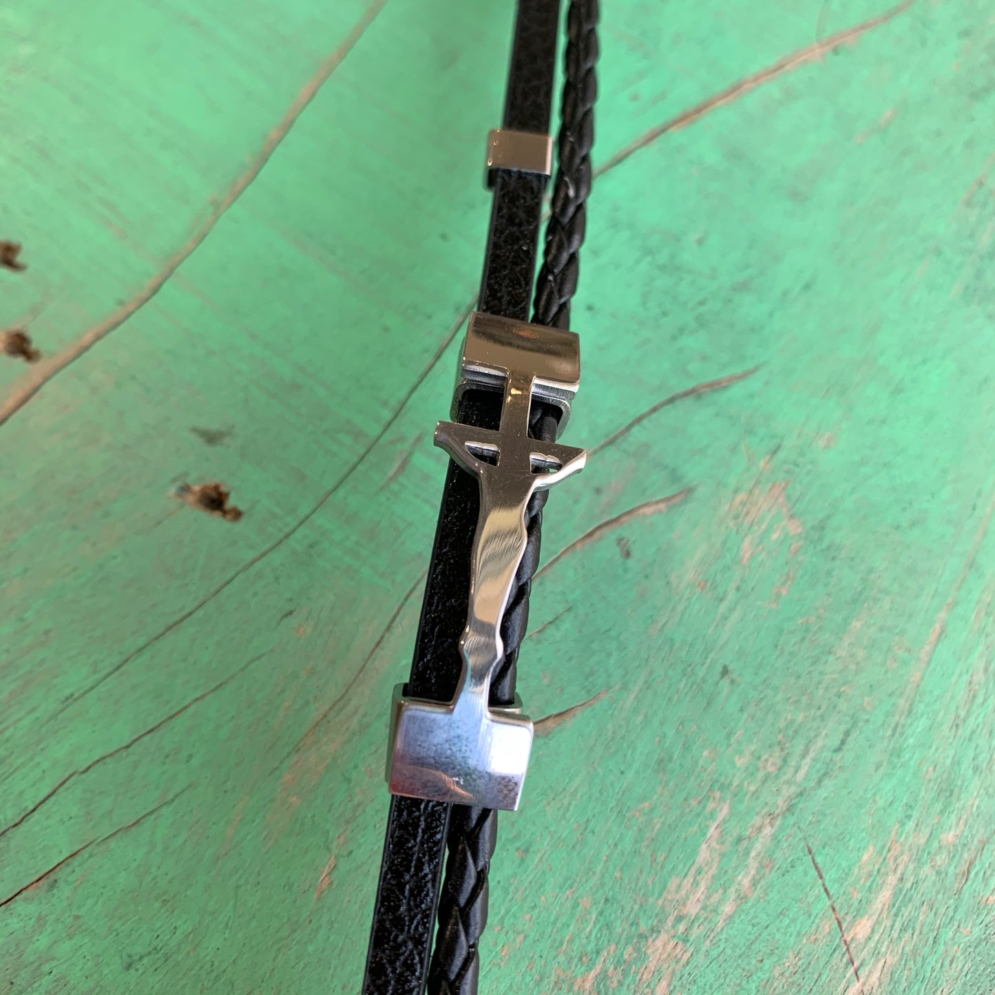 Leather and Stainless Steel Crucifix Bracelet