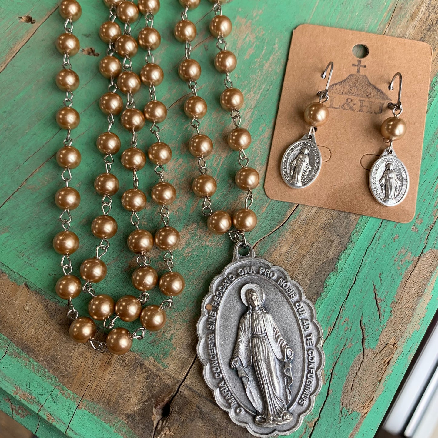 Champagne Gold Pearl Miraculous Medal Necklace and Earrings