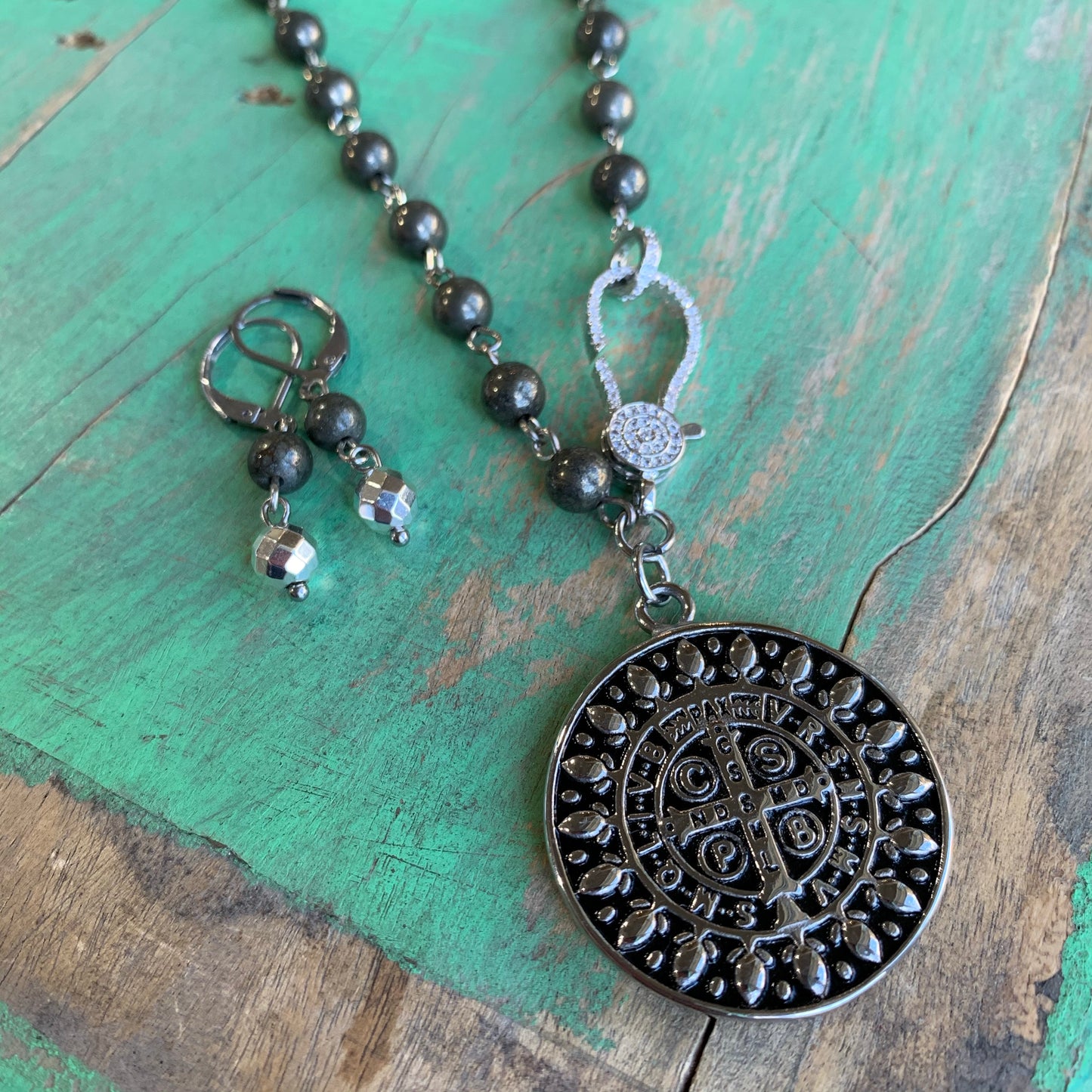 Pyrite St Benedict Clasp Necklace and Earrings