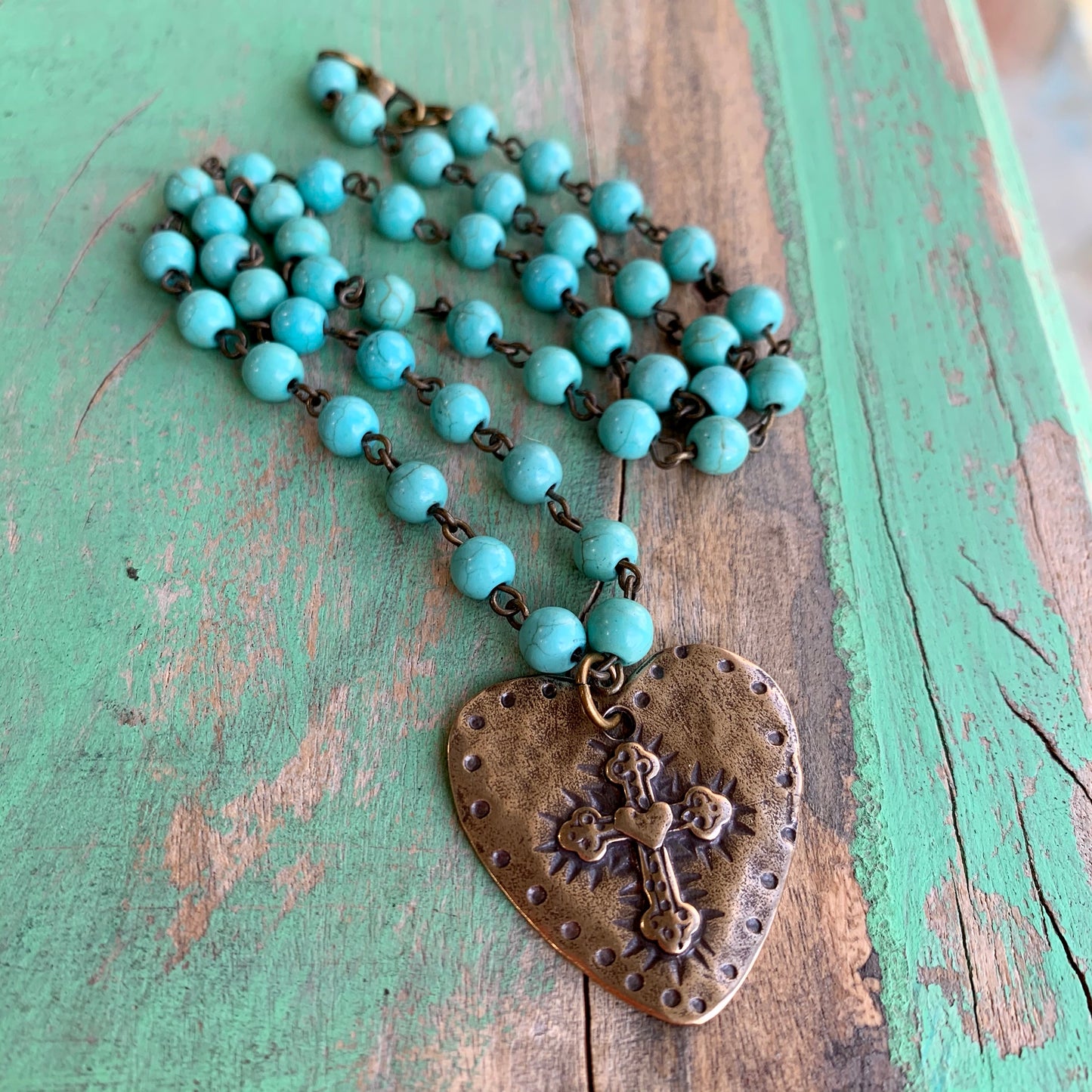 Turquoise and Bronze Heart Necklace and Earrings