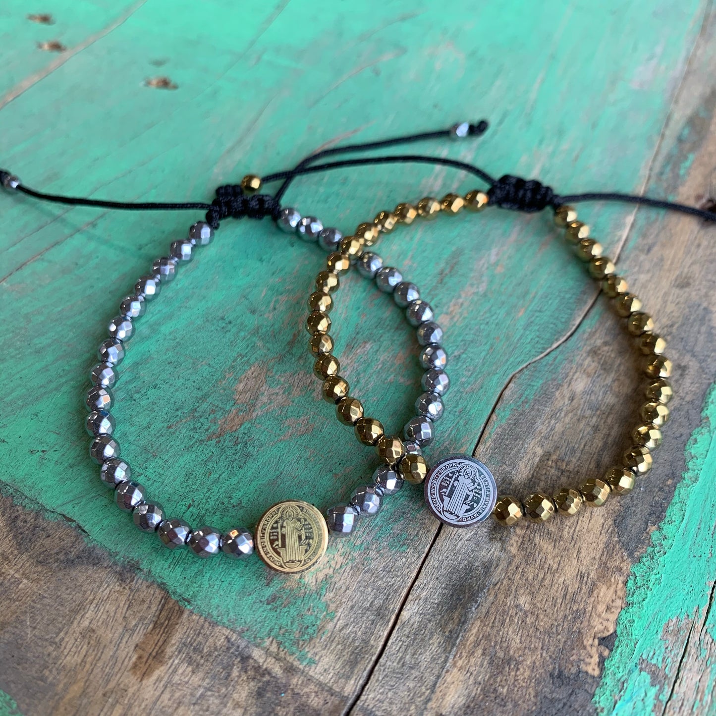 St Benedict and Hematite String Bracelet