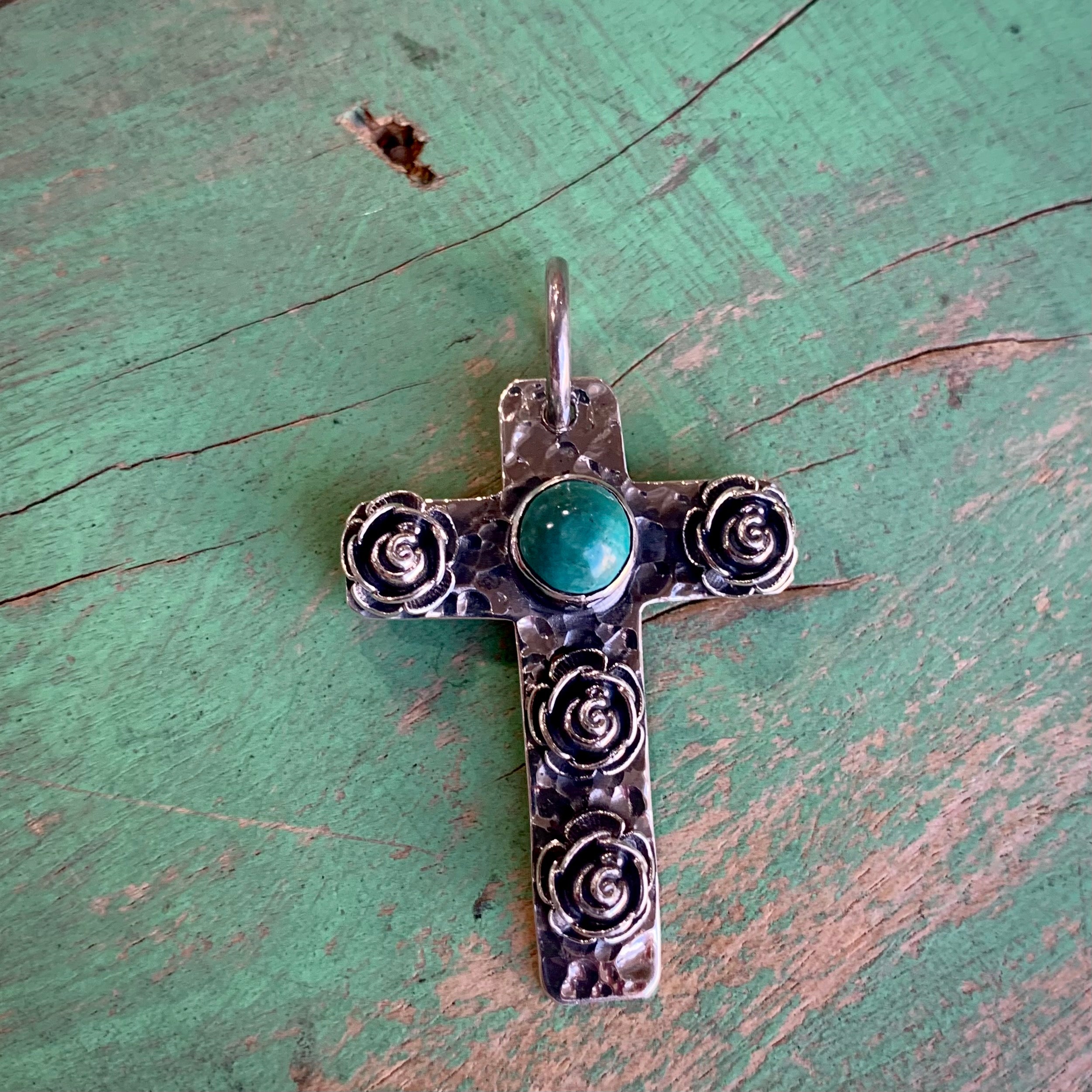 Sterling Silver Rose Cross and Turquoise