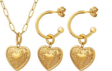 Gold Stainless Steel Scroll Heart Necklace and Earrings