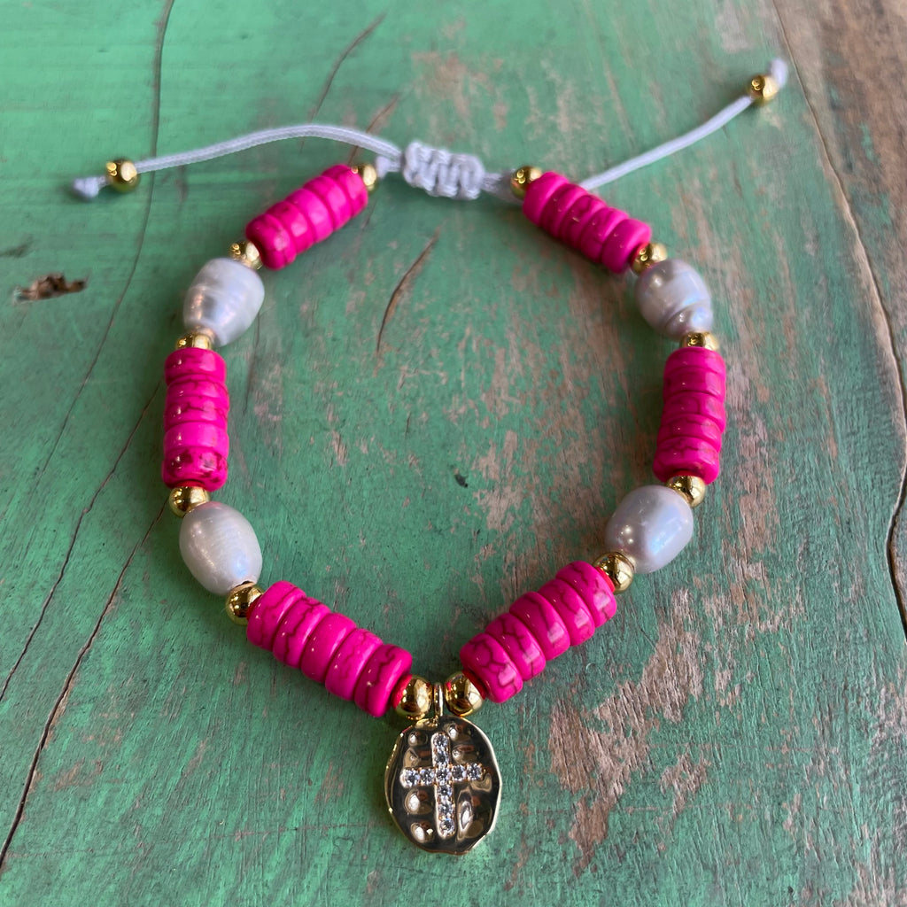 Vibrant Heishi and Pearl Gold Cross Adjustable Bracelet