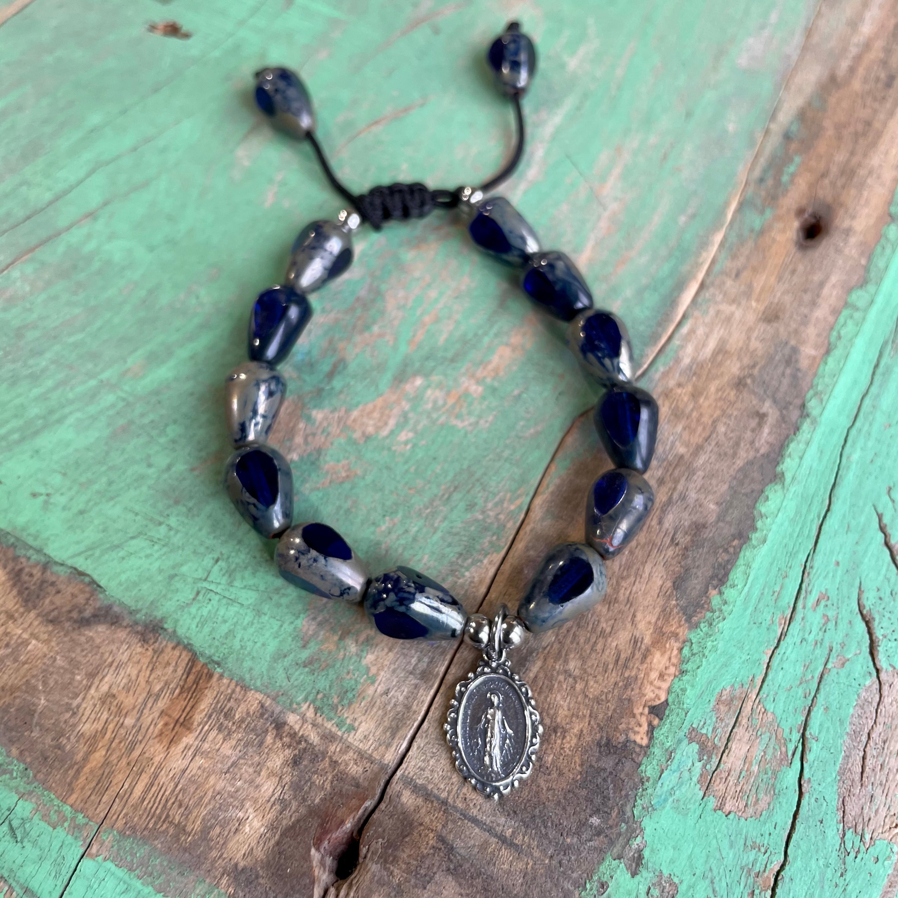 Blue Czech Glass Miraculous Medal Necklace, Earrings, and Bracelet