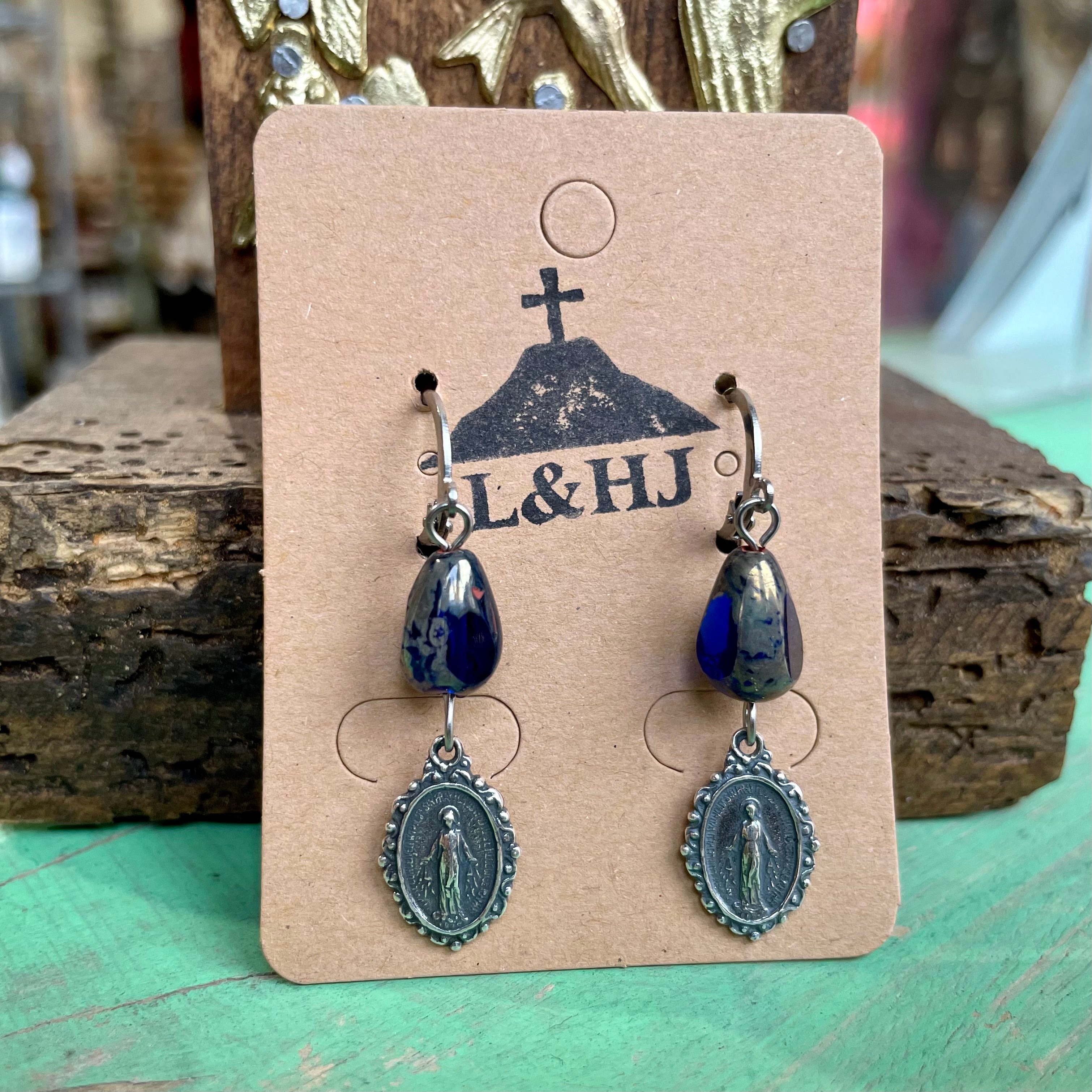 Blue Czech Glass Miraculous Medal Necklace, Earrings, and Bracelet