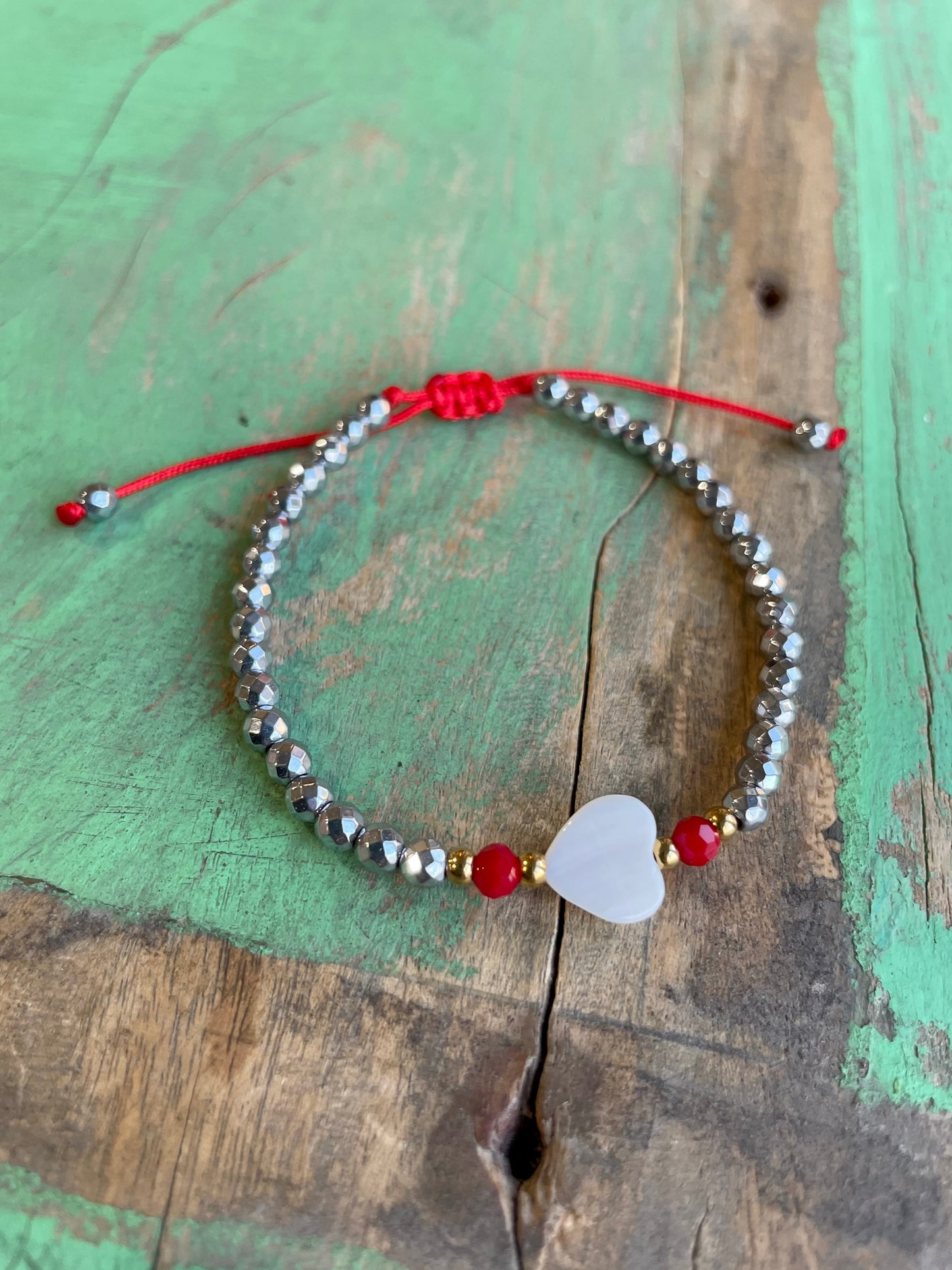 Silver and Red Shell Heart Bracelet