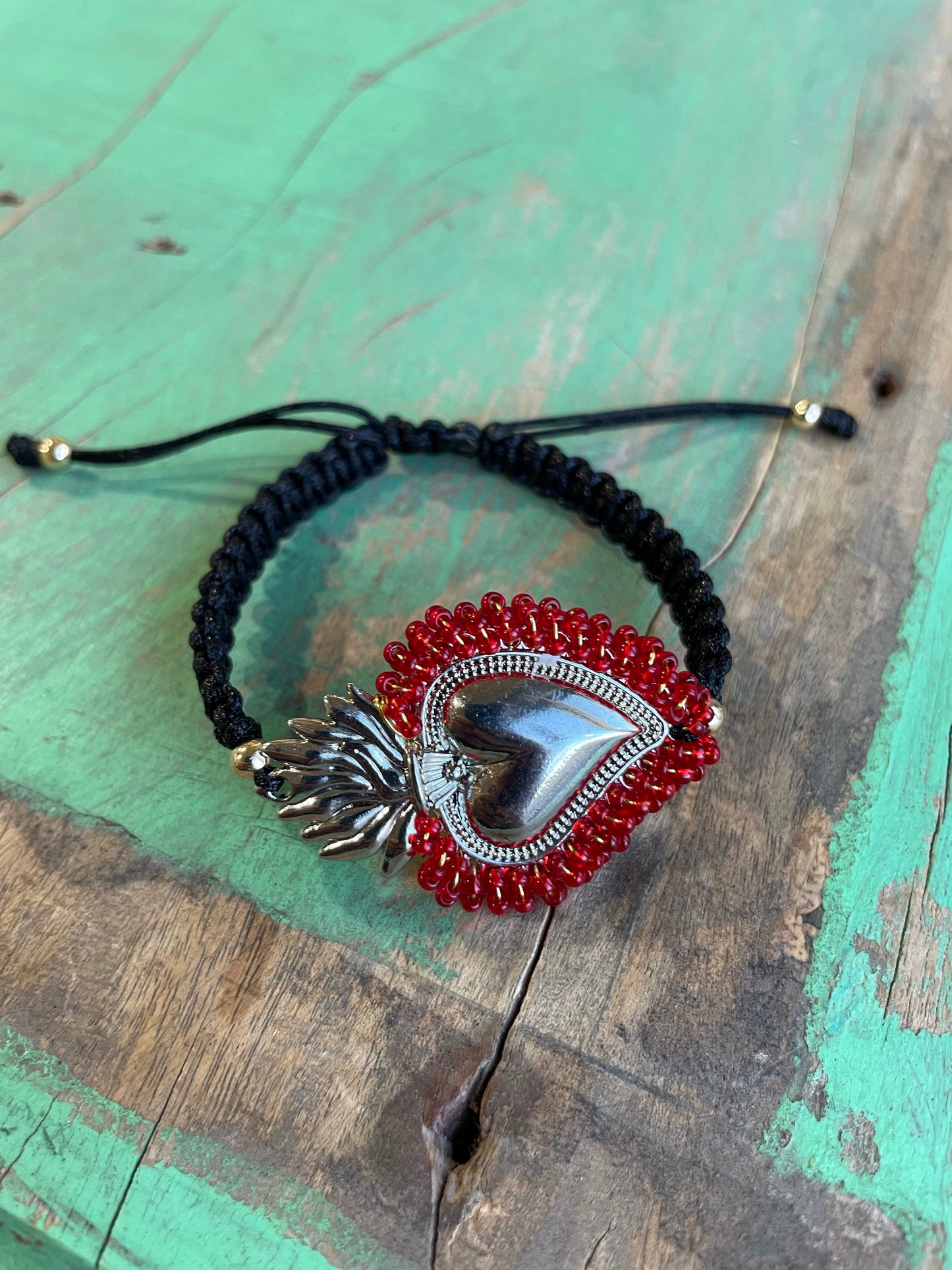 Black Cord Beaded Sacred Heart Bracelet