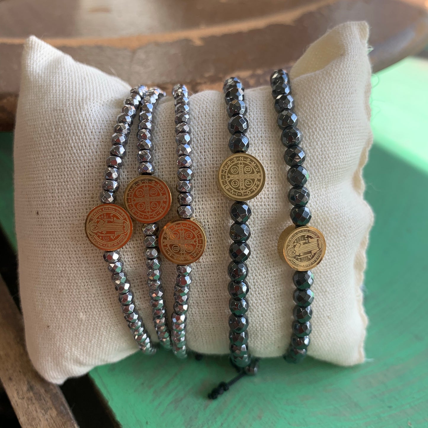 St Benedict and Hematite String Bracelet