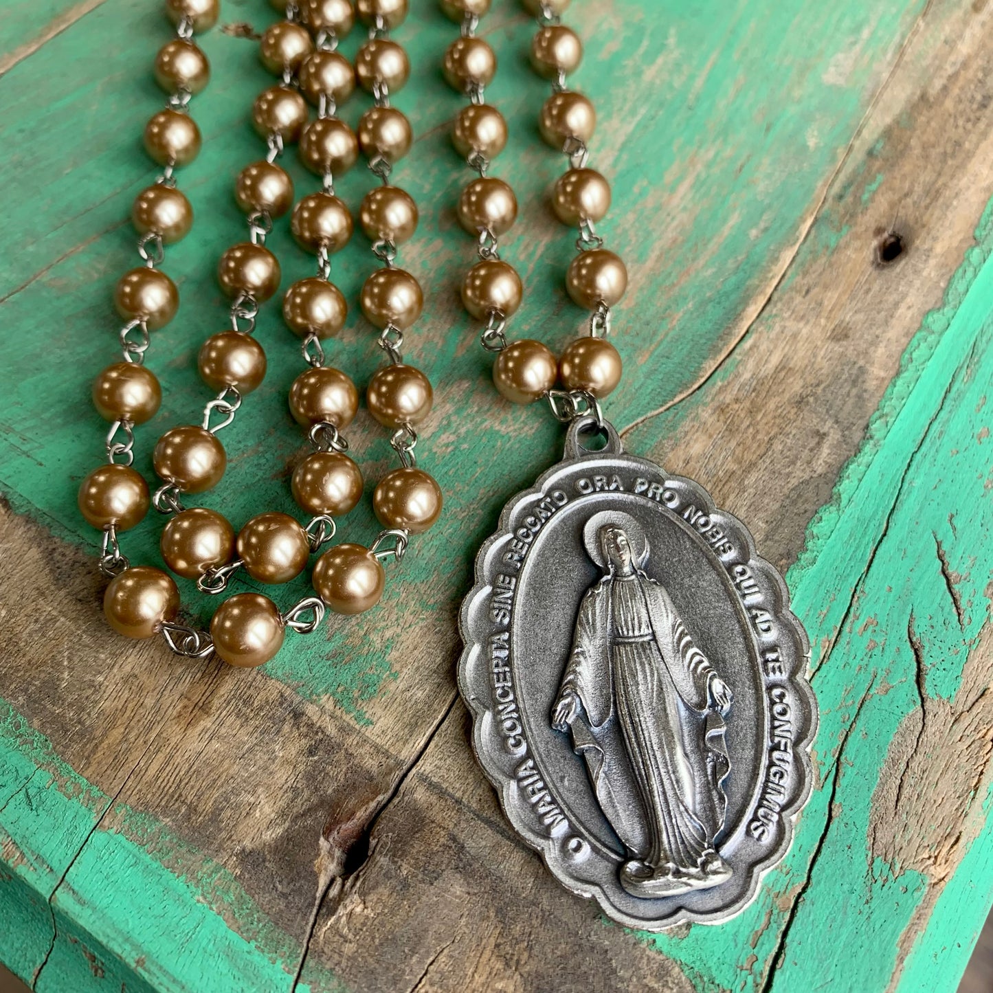 Champagne Gold Pearl Miraculous Medal Necklace and Earrings