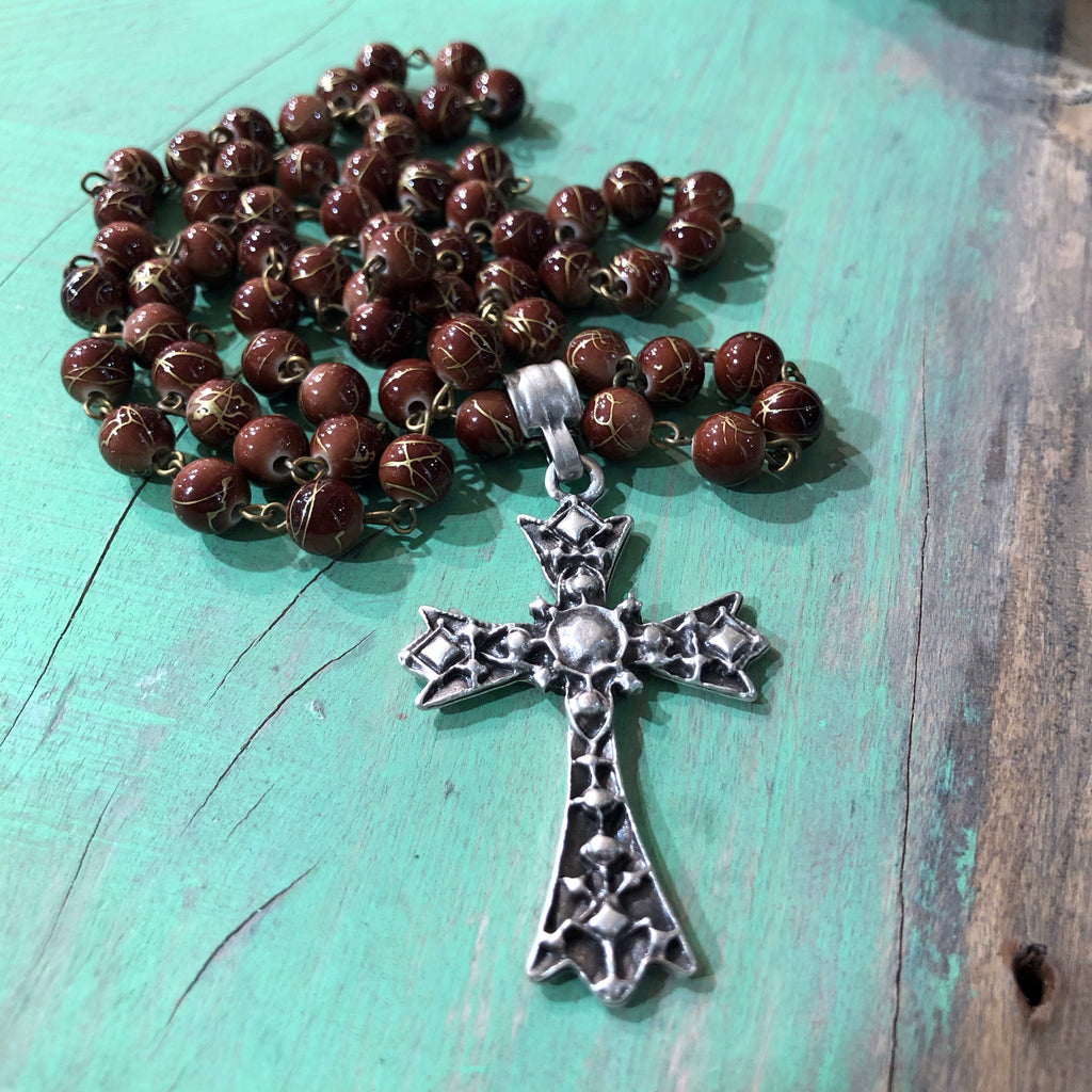 Long Necklace With Pewter Cross