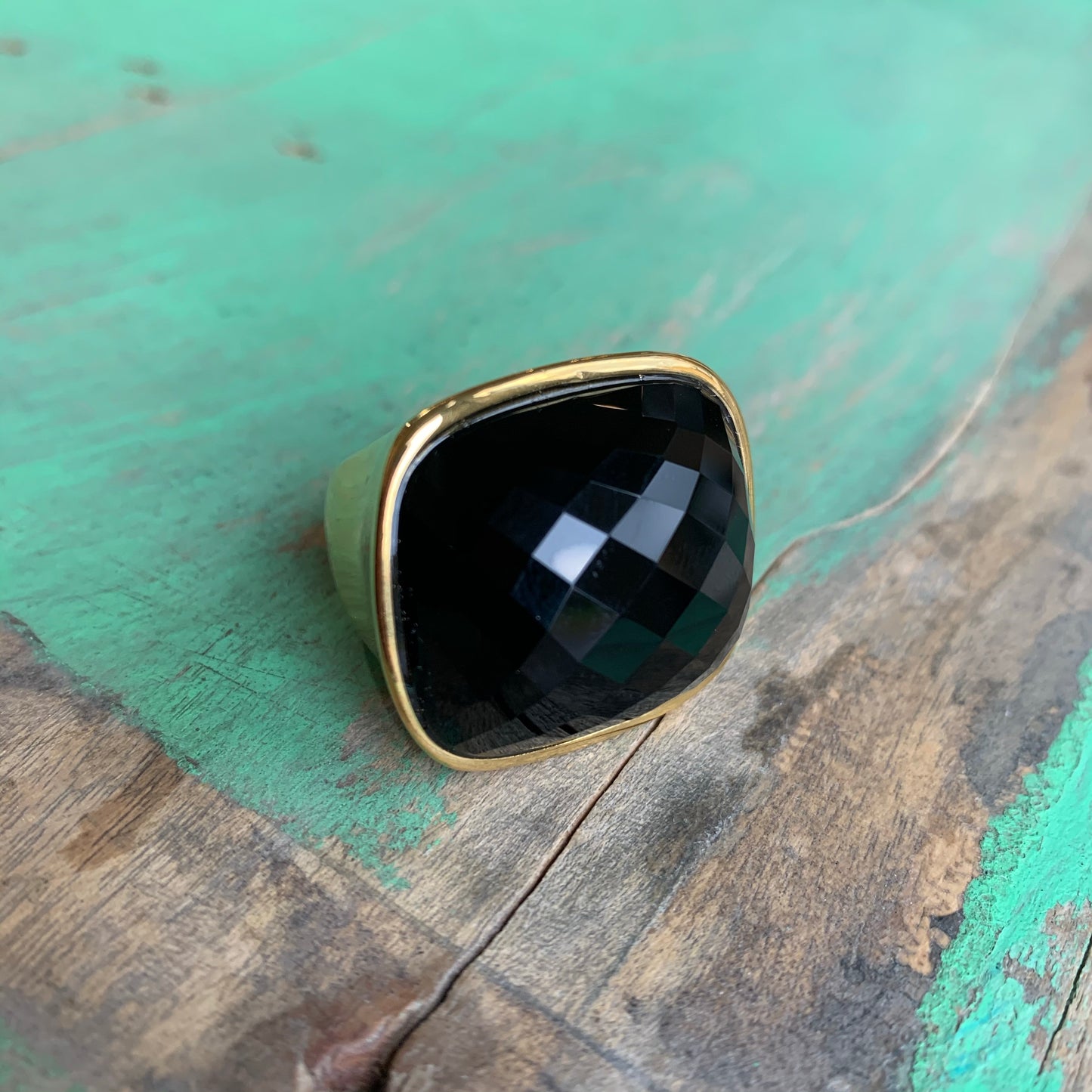 Chunky Stainless Steel and Black Glass Ring