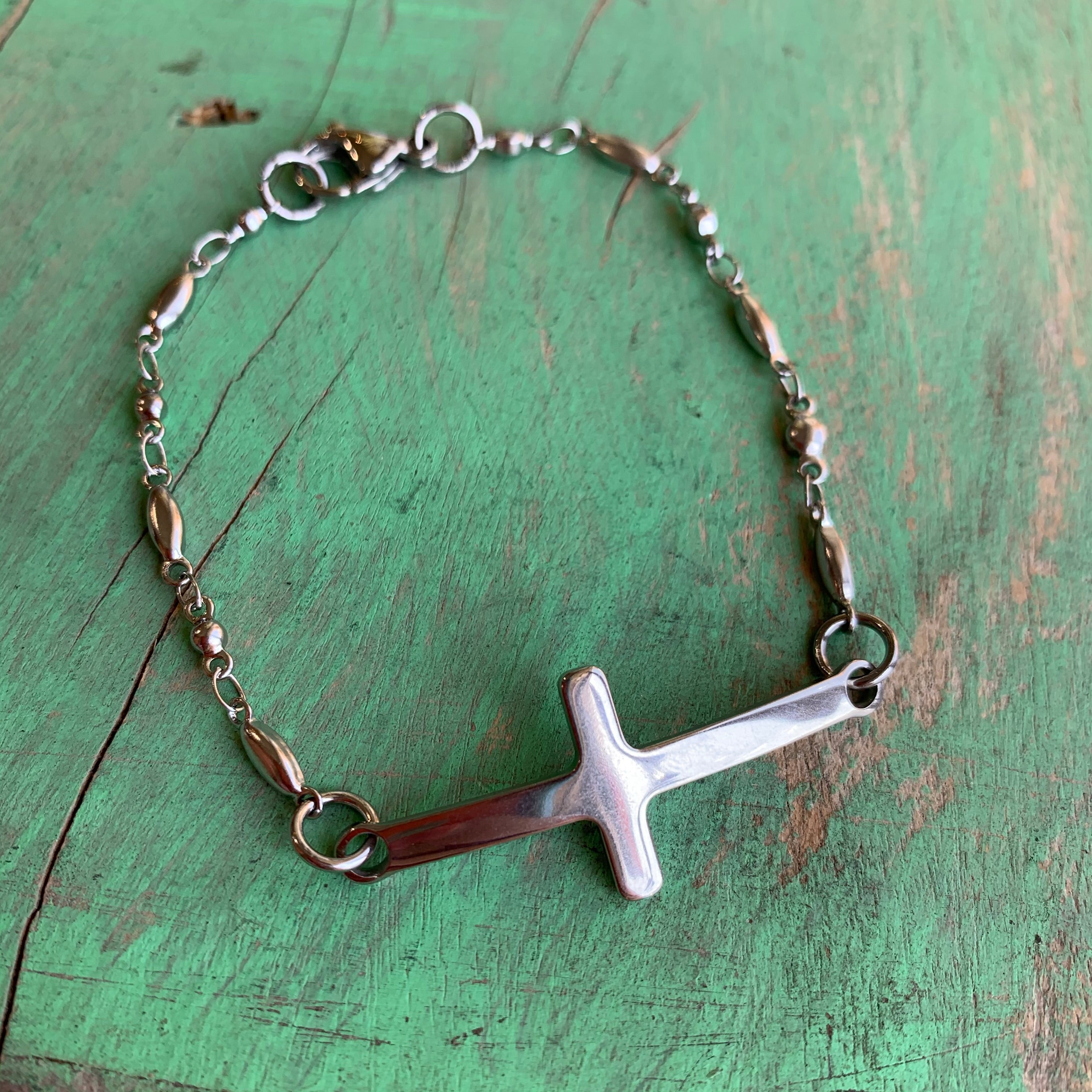 Stainless Steel Sideways Cross Necklace and Bracelet