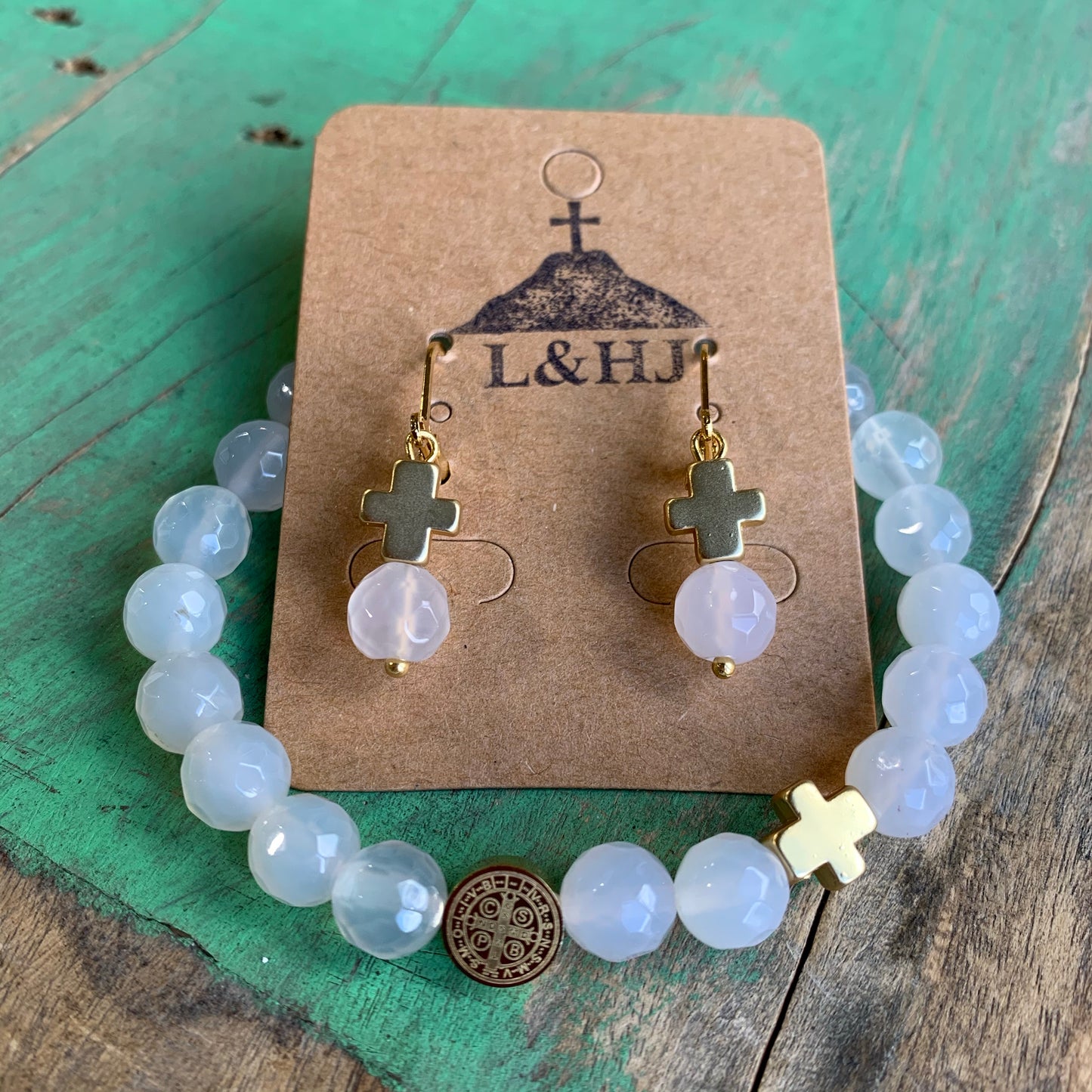 White and Gold St Benedict Bracelet and Earrings