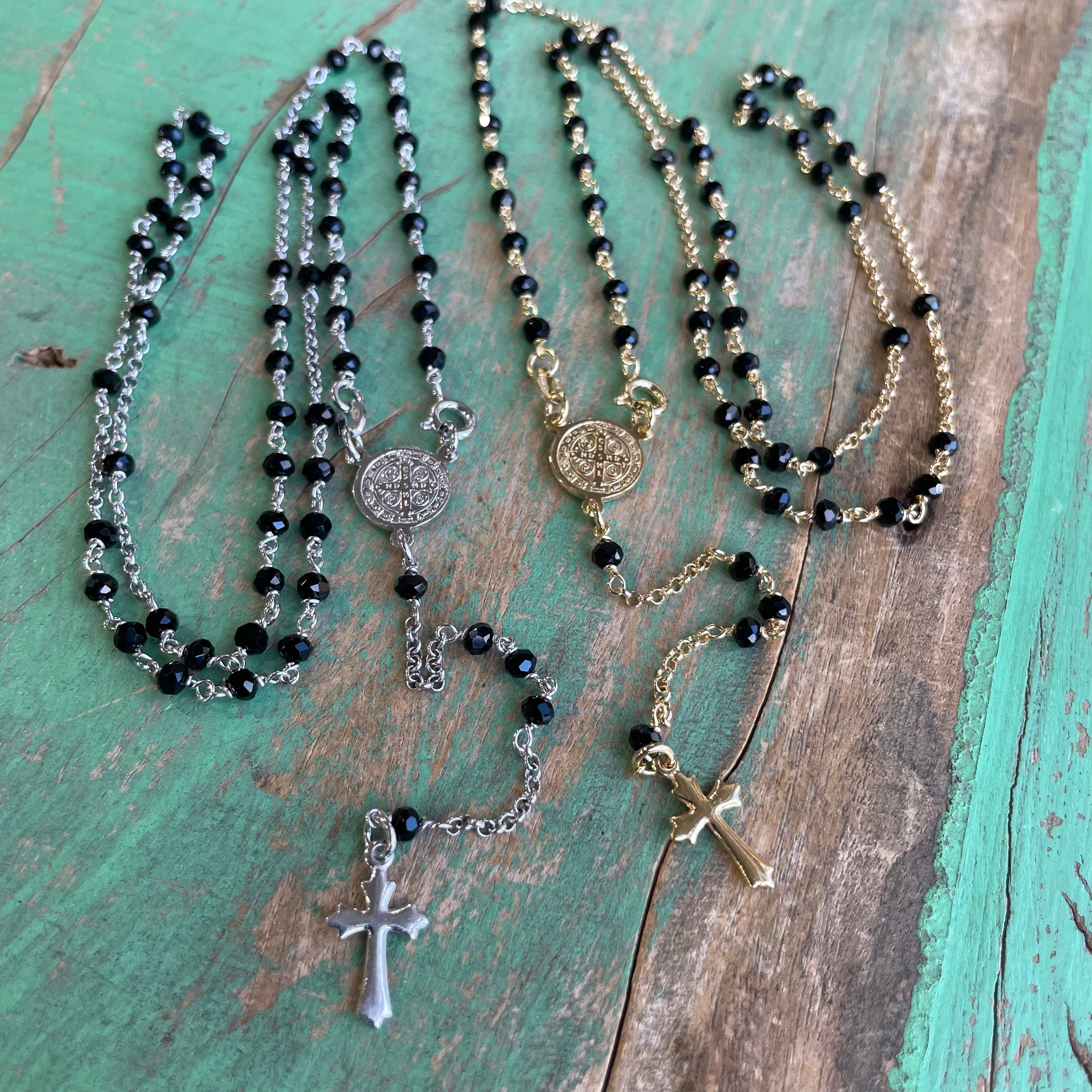 Sterling Silver Black Crystal St Benedict Rosary Necklace