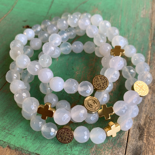 White and Gold St Benedict Bracelet and Earrings