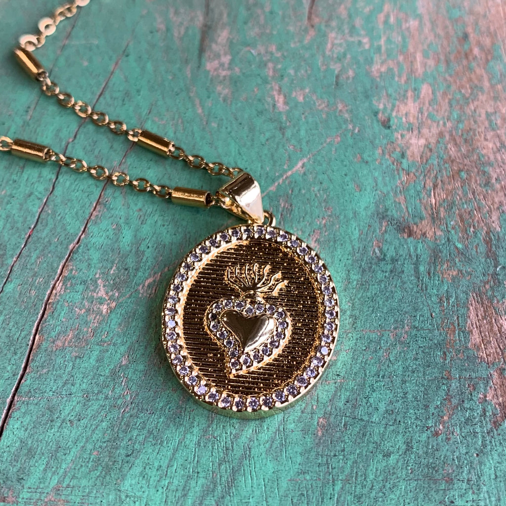 Gold CZ Sacred Heart Chain Necklace