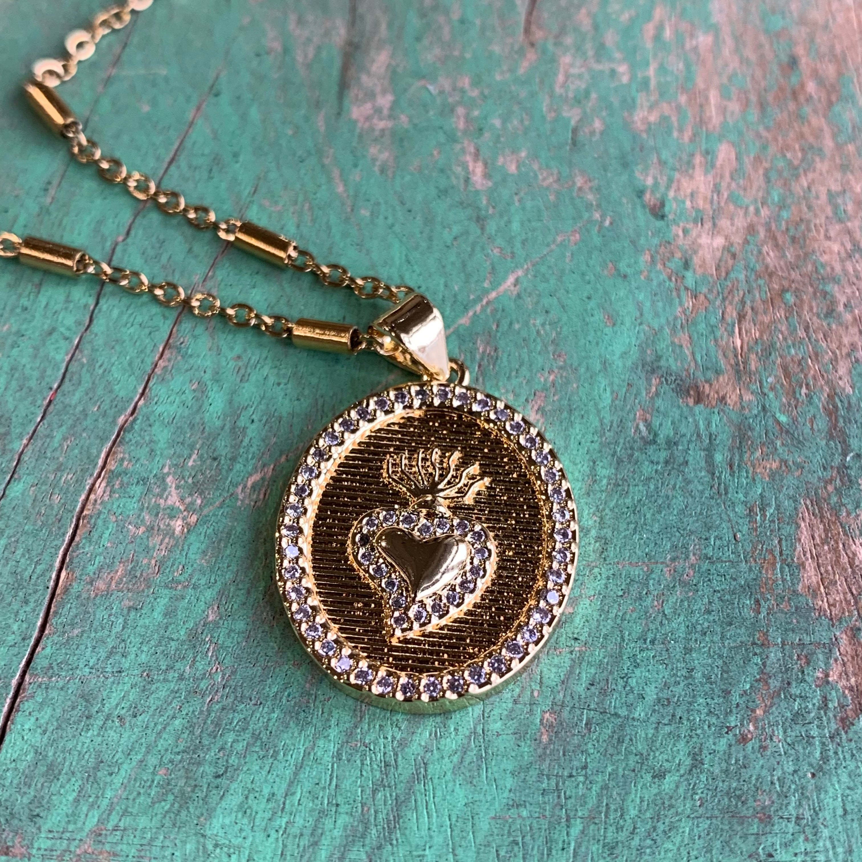 Gold CZ Sacred Heart Chain Necklace