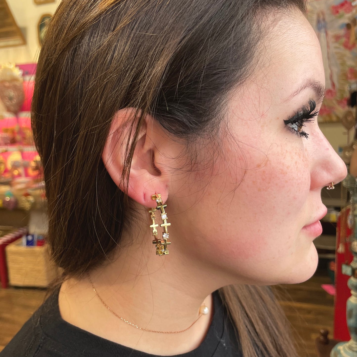 Big Hoop Cross CZ Gold Plated Earrings