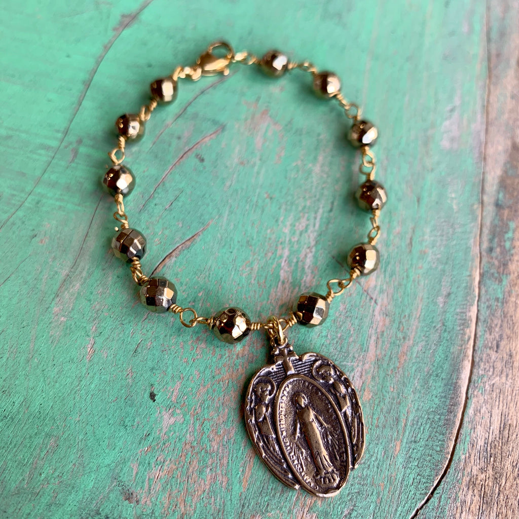 Gold Miraculous Medal Bracelet and Earrings