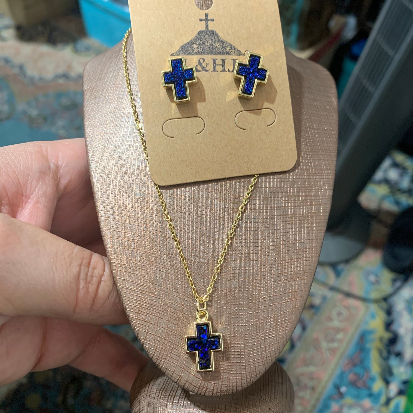 Druzy Brass Cross Necklace and Earrings