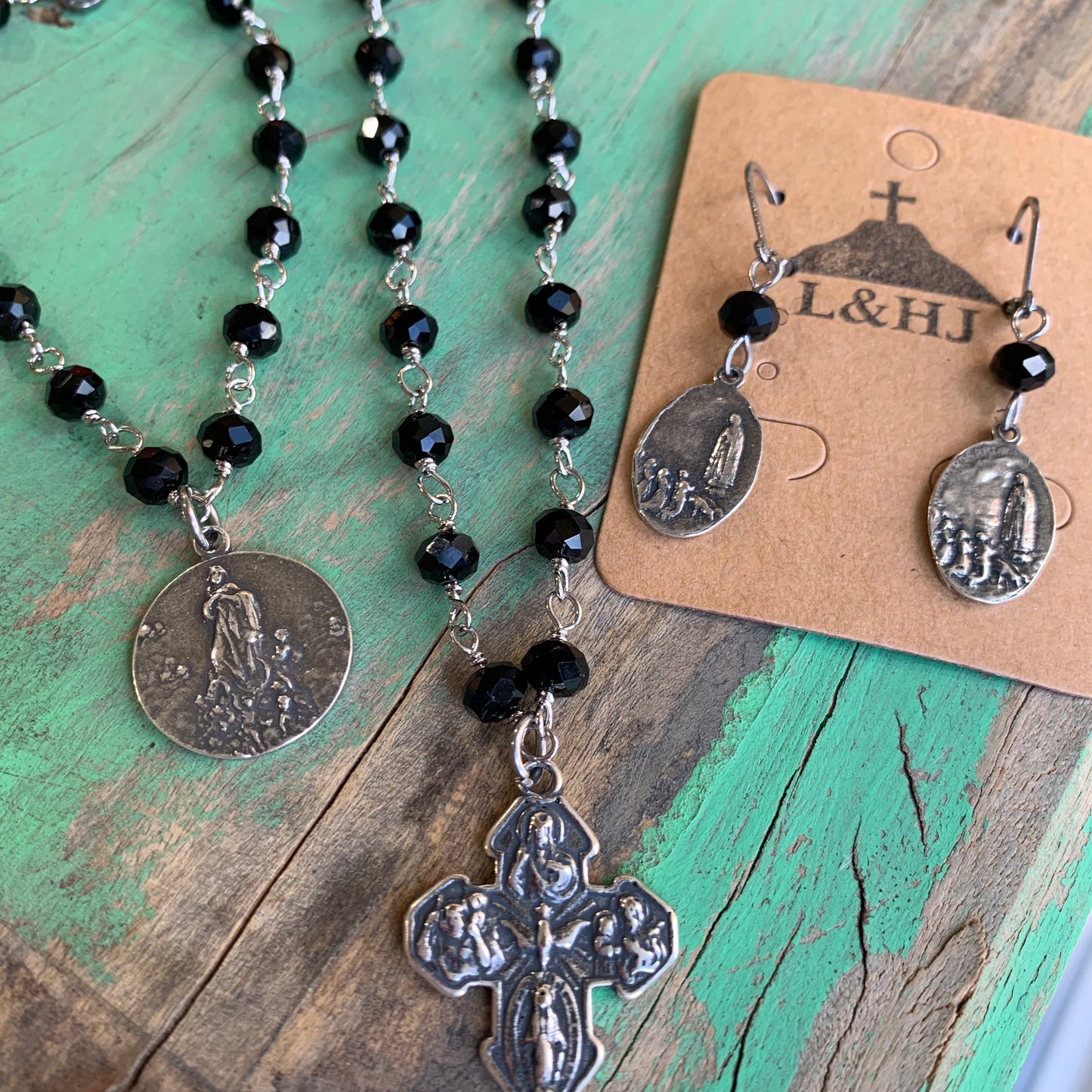 Black and Silver 5 Way Cross Earrings, Bracelet, and Necklace