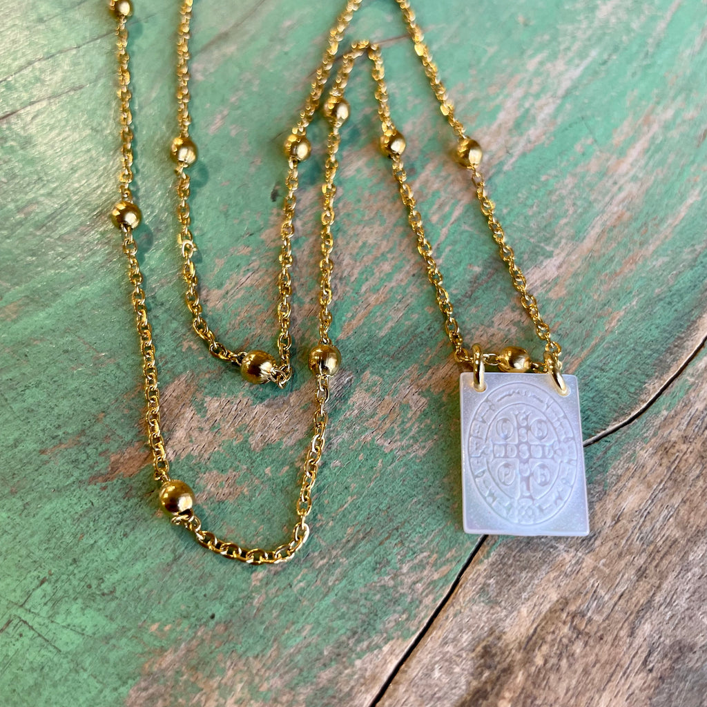 Mother of Pearl St. Benedict Necklace
