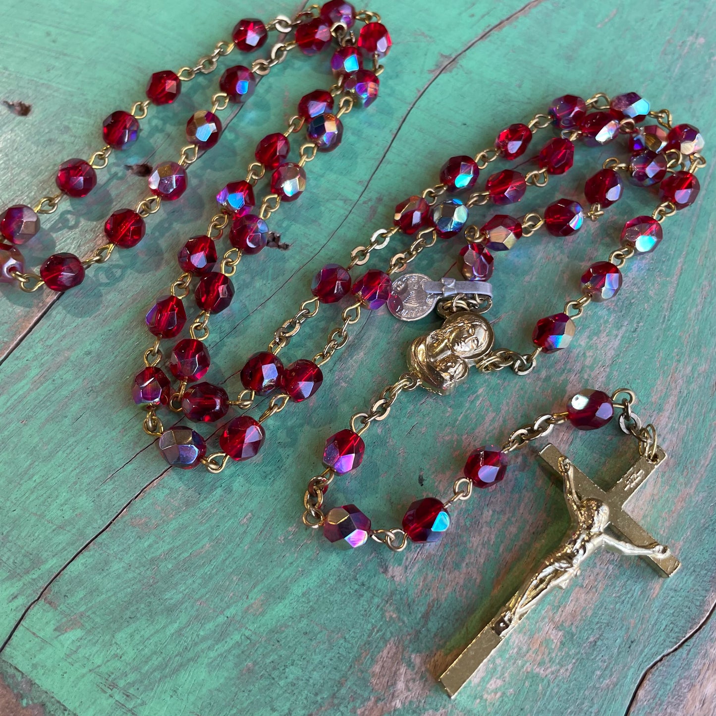 Red and Gold 8mm Crystal Rosary