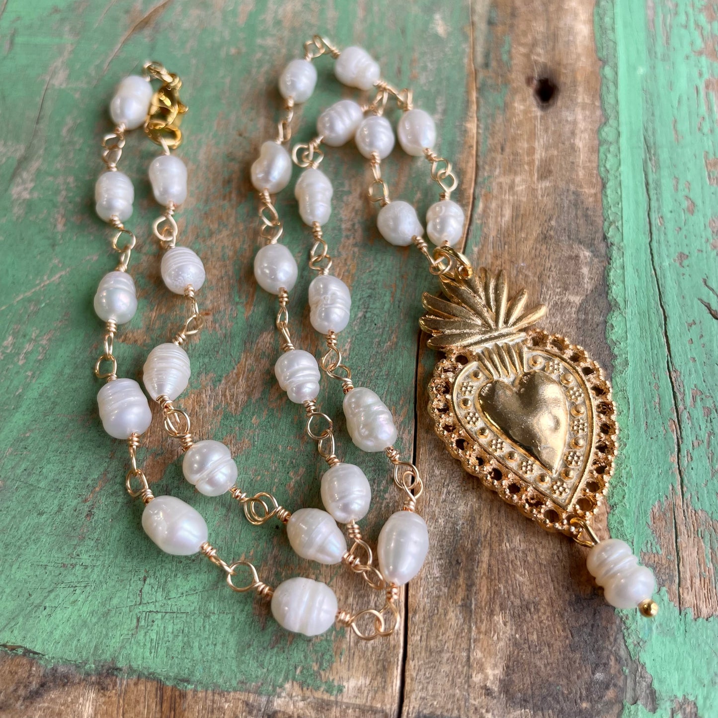 Gold Sacred Heart Freshwater Pearl Necklace