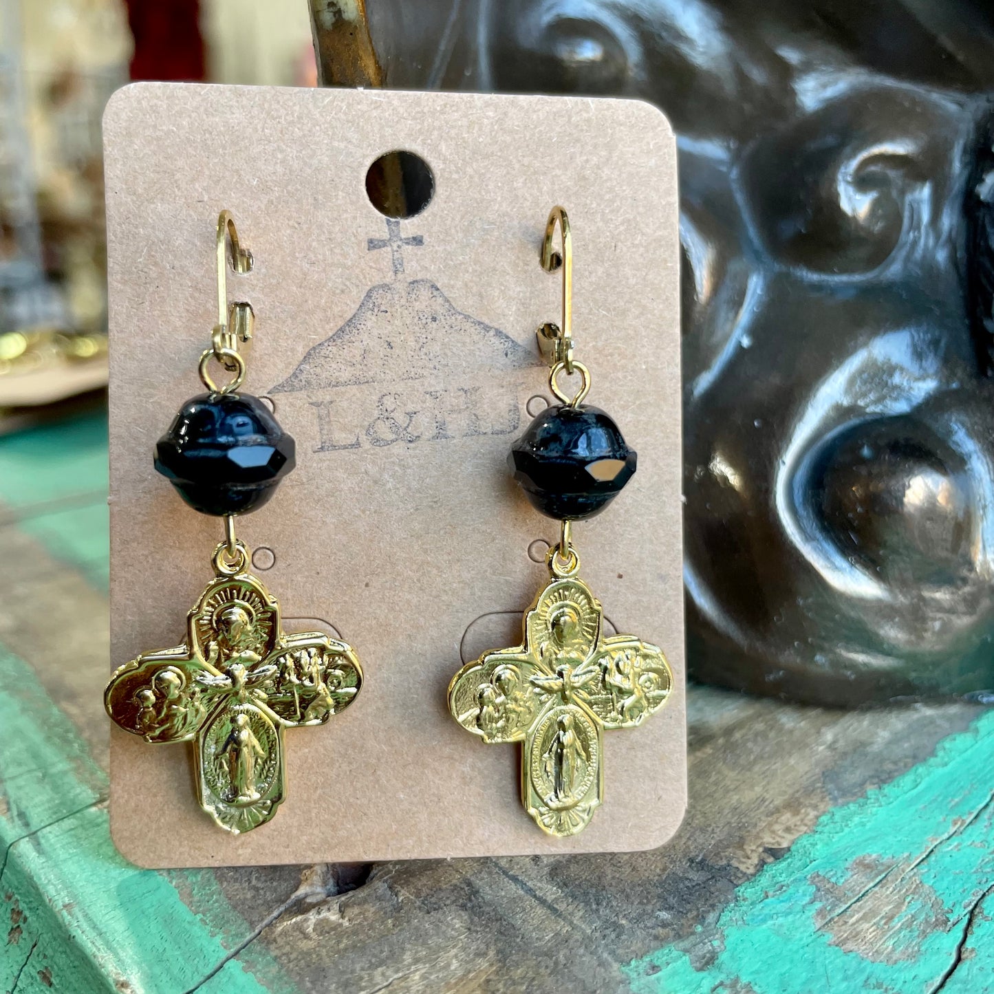 Black and Gold Five Way Cross Earrings