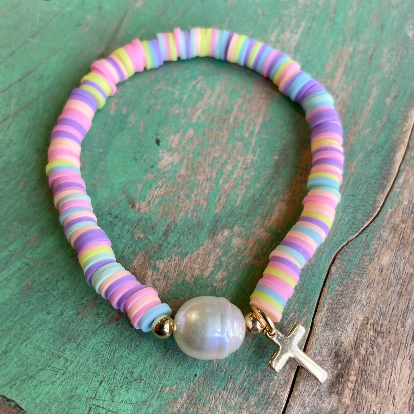 Heishi Colorful Bead and Cross Bracelet