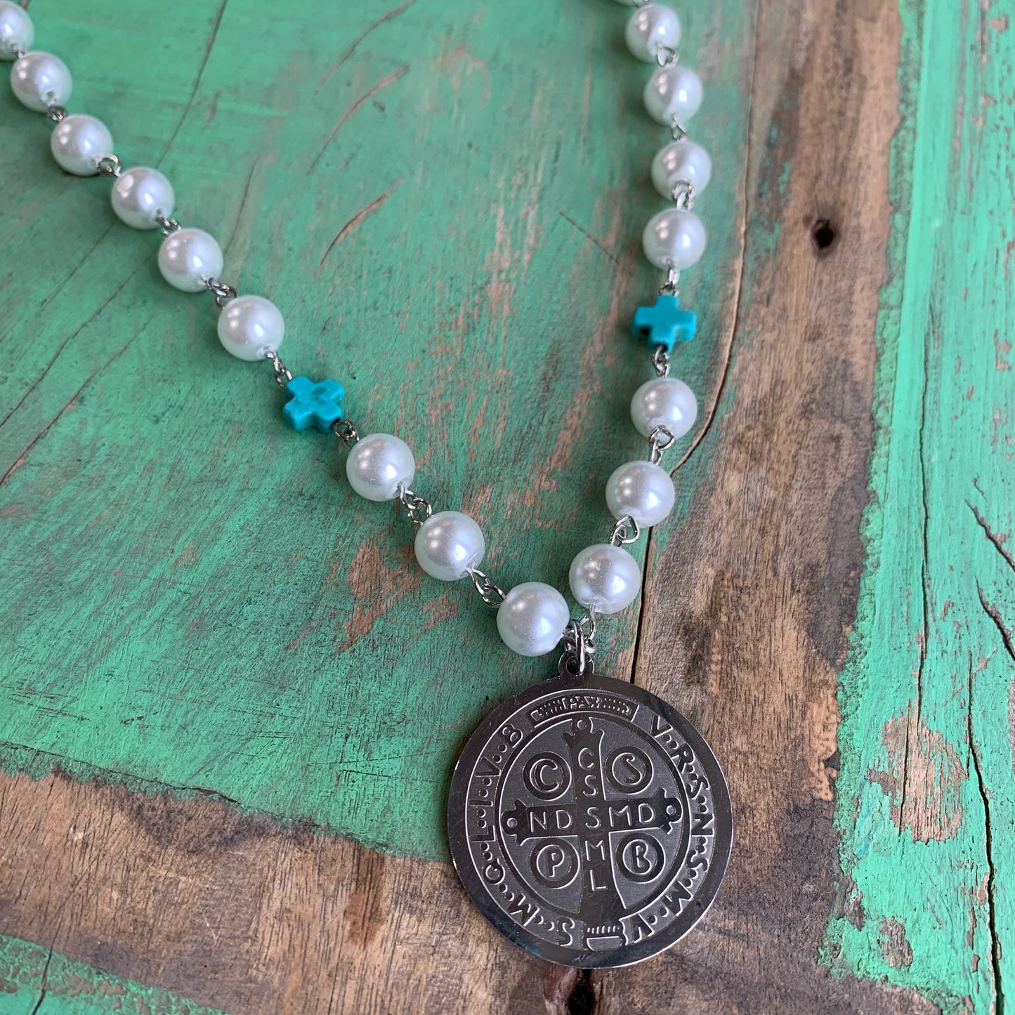 Pearl and Turquoise St Benedict Necklace and Earrings