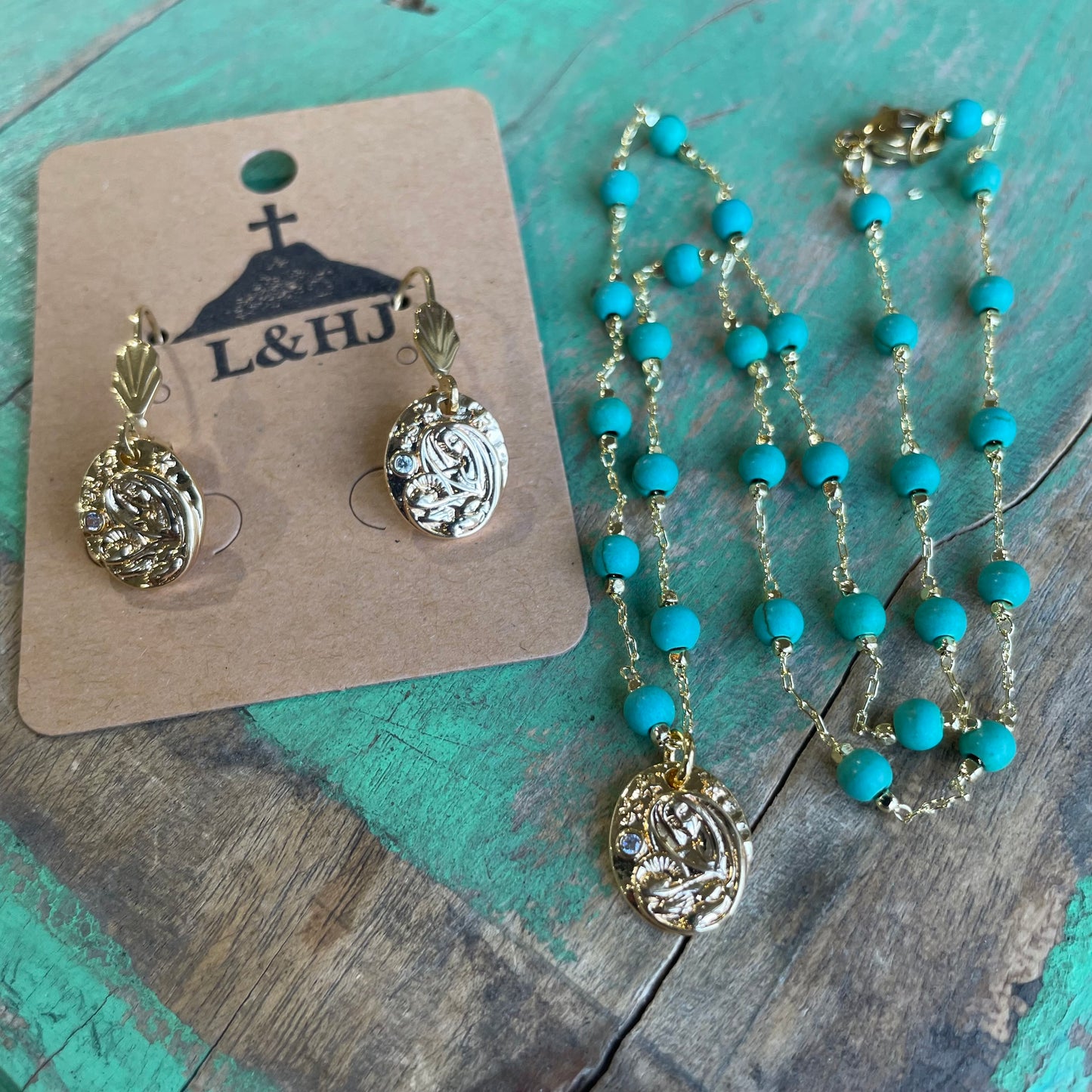 Madonna & Child Turquoise Chain and earrings