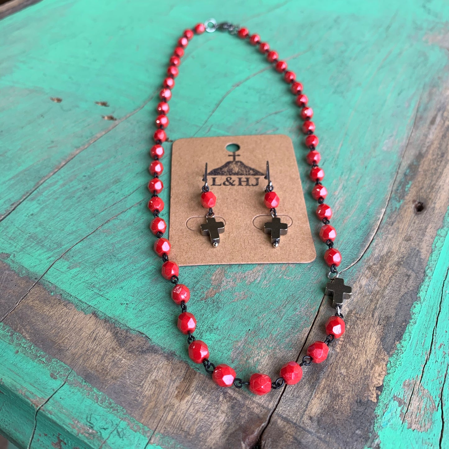 Candy Apple Sideways Cross Necklace and Earrings