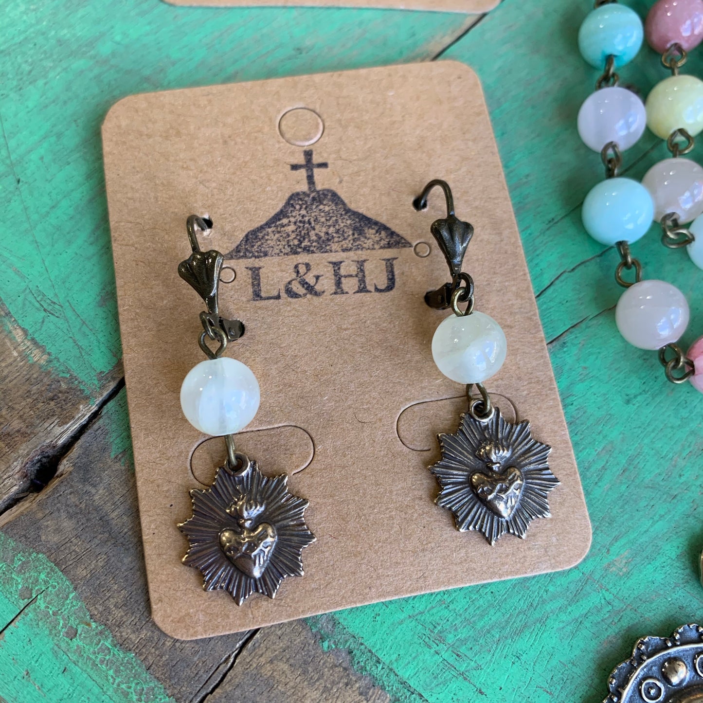 Pastel Sacred Heart Necklace and Earrings