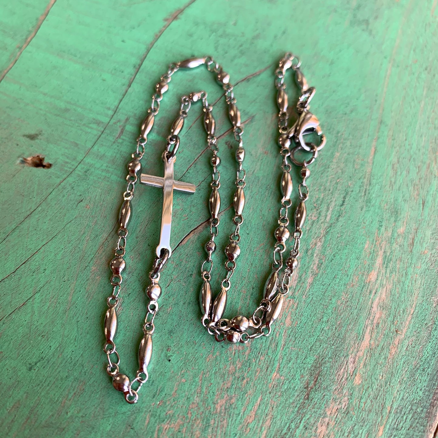 Stainless Steel Sideways Cross Necklace and Bracelet