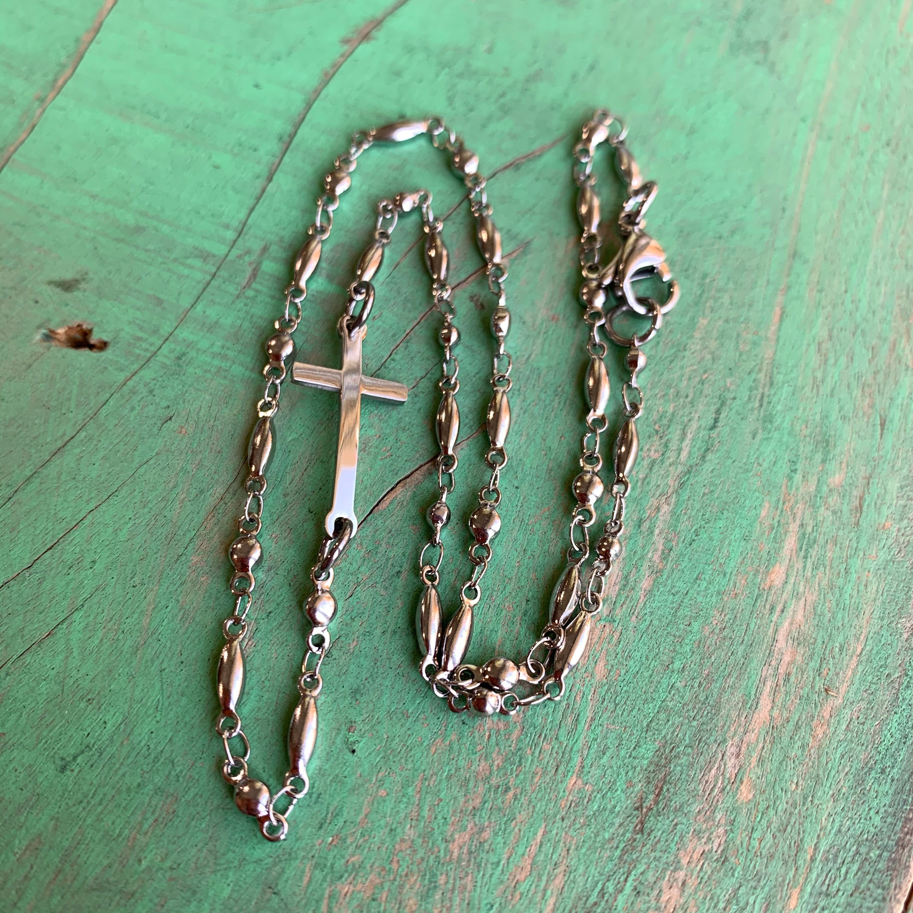 Stainless Steel Sideways Cross Necklace and Bracelet