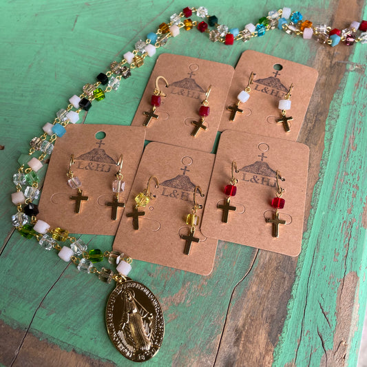 Colorful Square Bead Miraculous Medal Necklace and Earrings