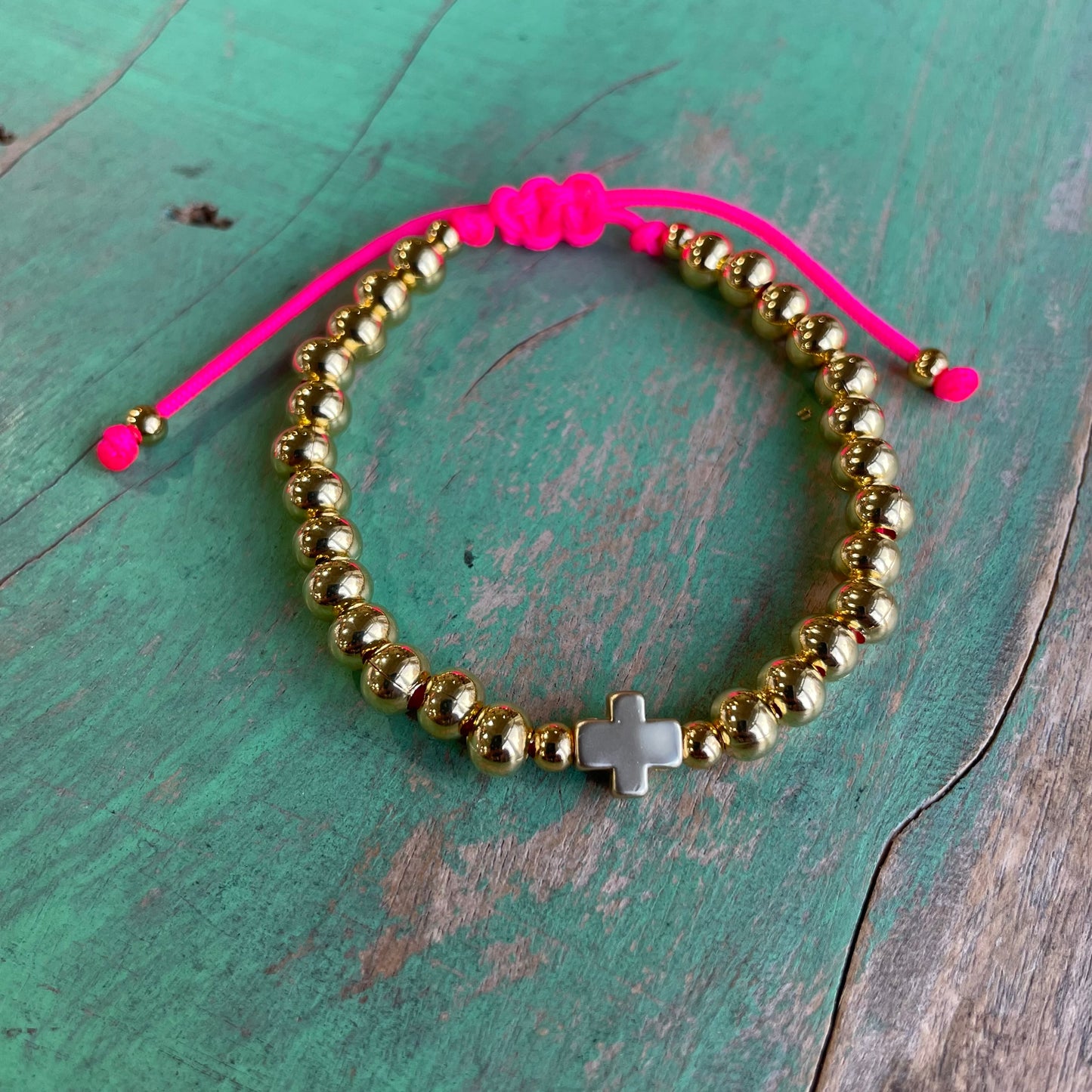 Gold and Neon Pink Adjustable Bracelet