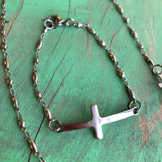 Stainless Steel Sideways Cross Necklace and Bracelet